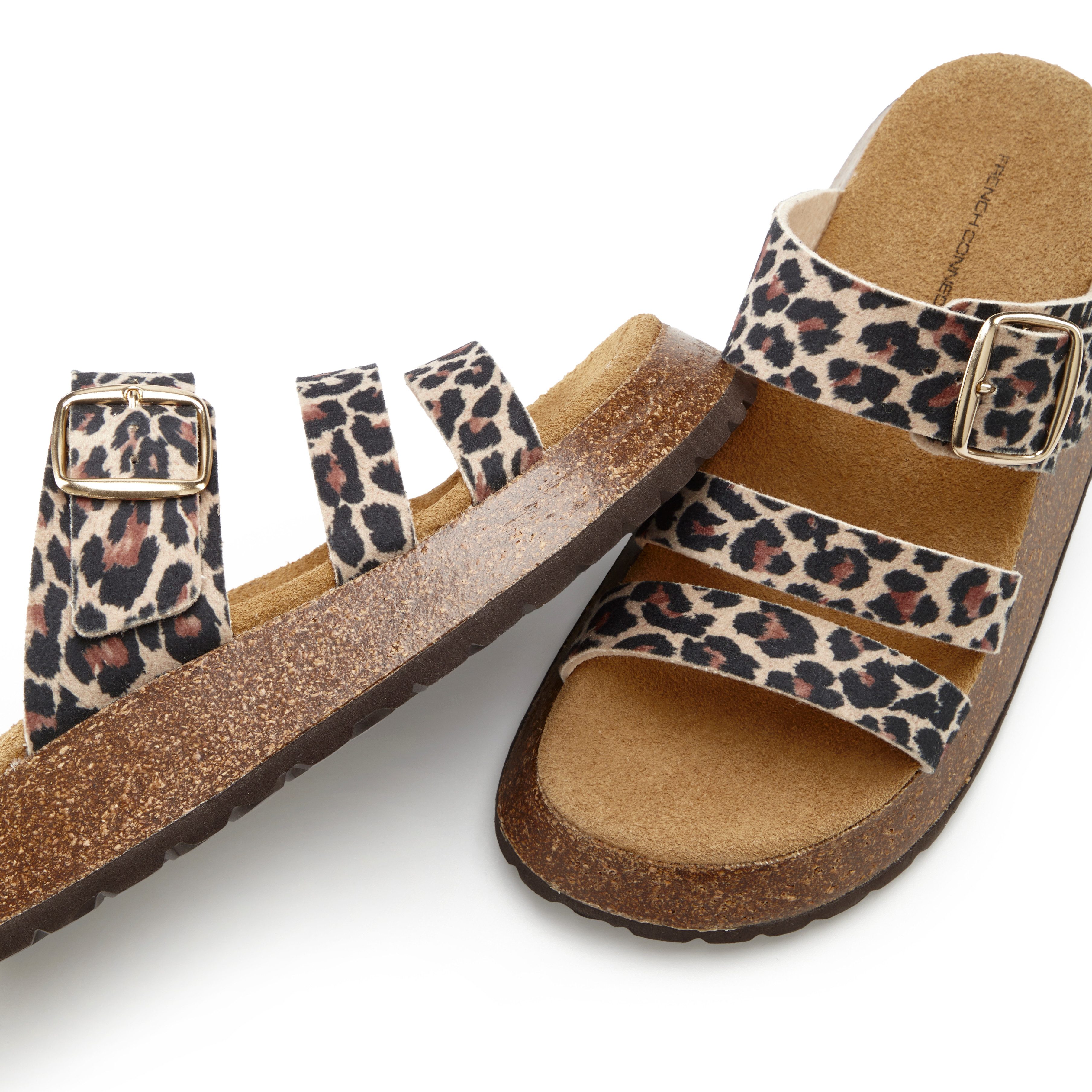 French Connection Mule, Sandale, offener Schuh, Sommerschuhe Pantolette aus Leder mit Korkfußbett und Plateausohle