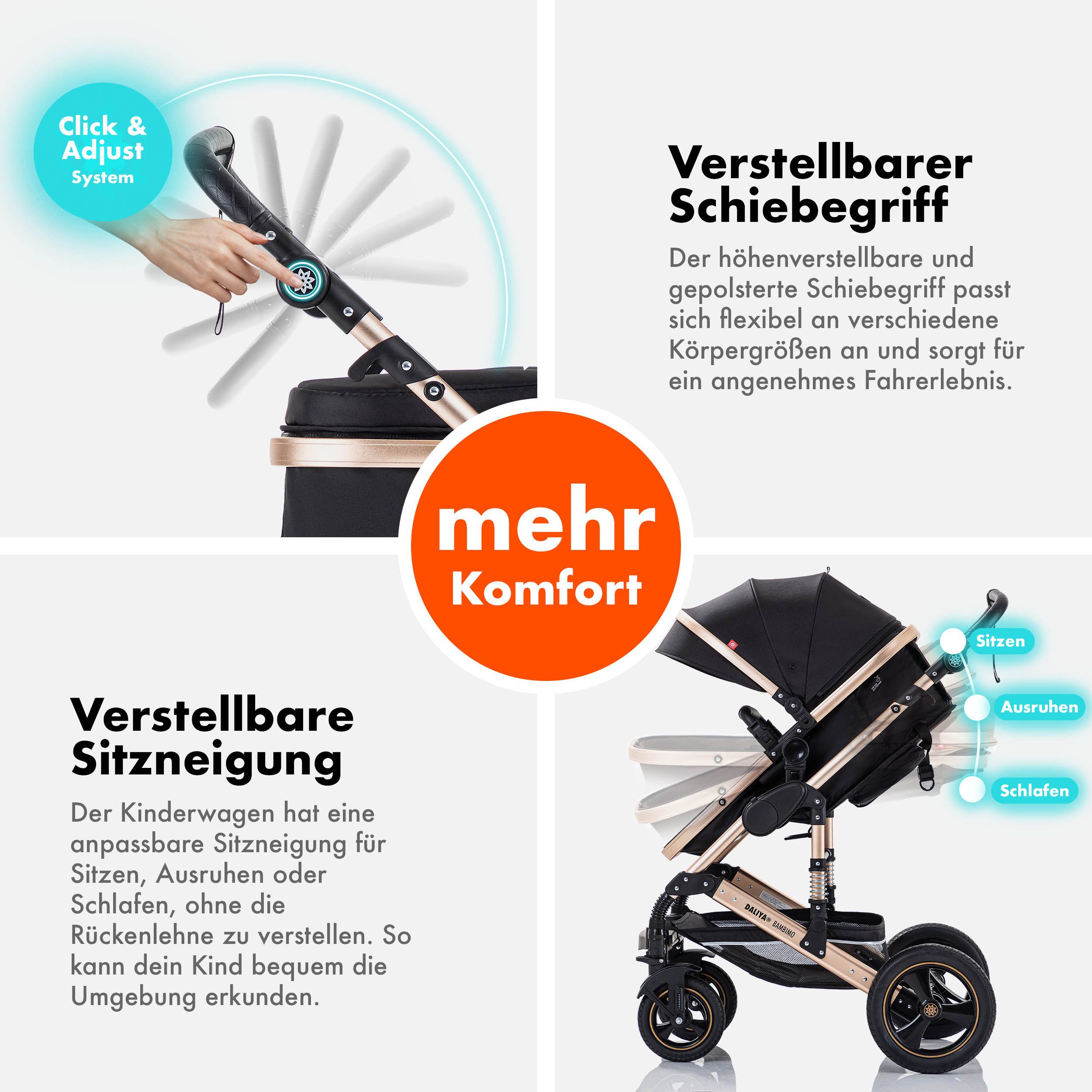 Daliya® Kombi-Kinderwagen BAMBIMO 3in1 Kinderwagen & Buggy mit Auto-Babyschale und Adapter, (XXL-Set inkl. Wickeltasche und Spieltisch, 15-tlg), Babyschale, Air – Bild 5 von 5