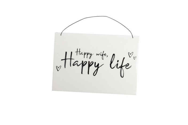 Parts4Living Wandbild Holzschild "Happy wife, happy life" mit Drahtaufhängung Türschild Dekoschild Wandschild Hochzeitsdeko schwarz weiß lasiert 23x16x0,6 cm, im romantischen Stil