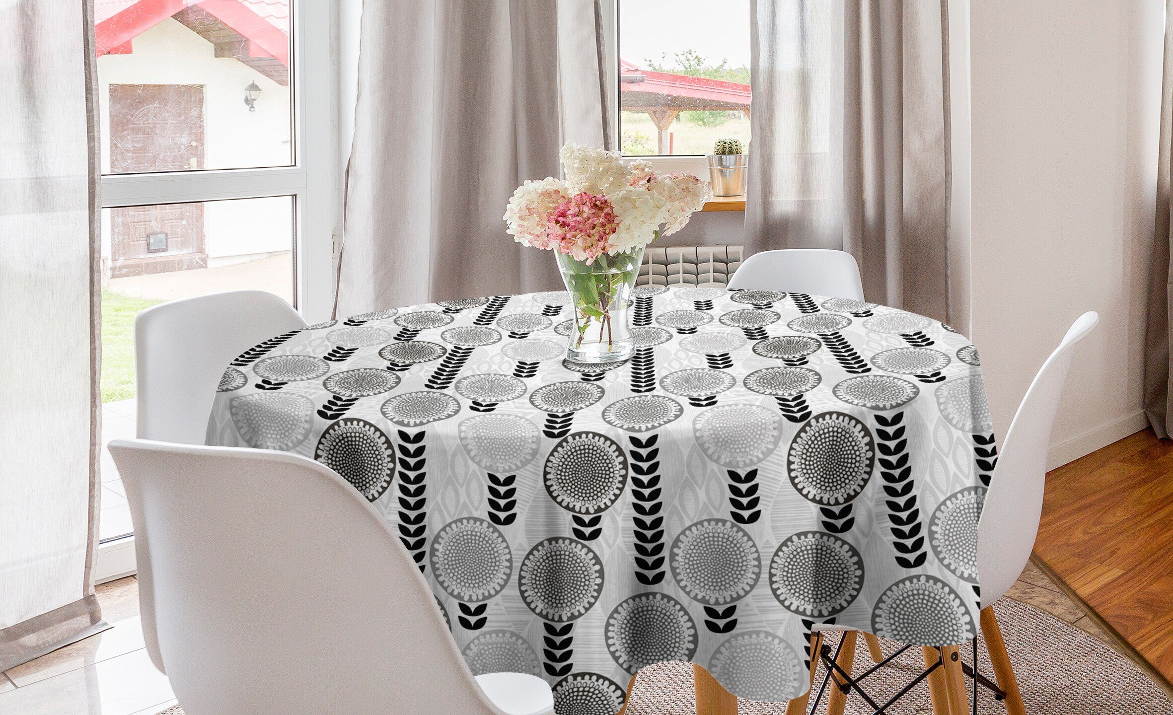 Graustufen- Abakuhaus Dekoration, Blume Küche Abdeckung Tischdecke Kreis für Esszimmer Frühlings-Blüten Tischdecke