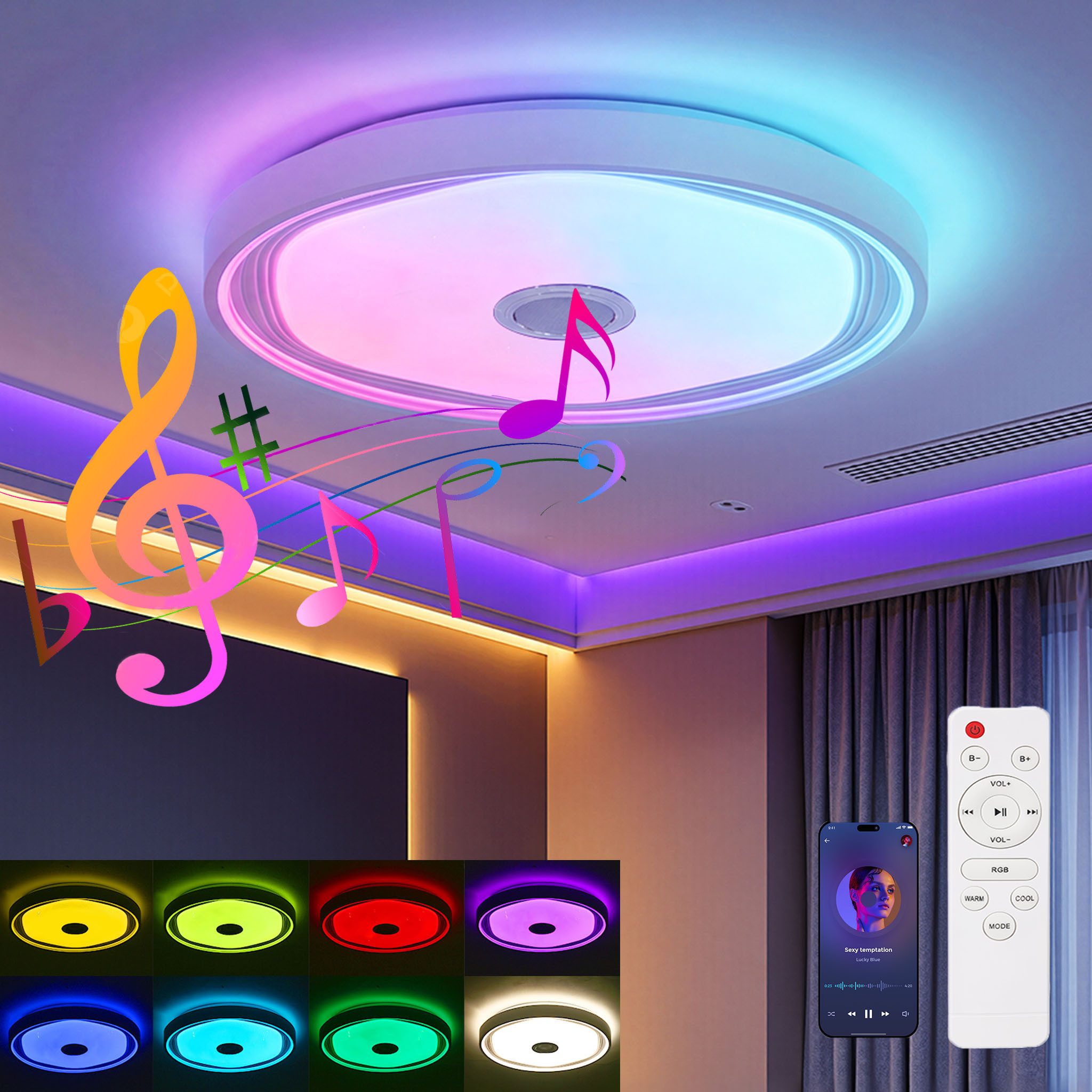 oyajia Deckenleuchte Smart LED Deckenlampe mit Bluetooth Lautsprecher, 50cm Wohnzimmerlampe, LED fest integriert, Kaltweiß+Naturweiß+Warmweiß+RGB, 48W RGB Deckenleuchte APP Control, für Badezimmer Schlafzimmer Hotel