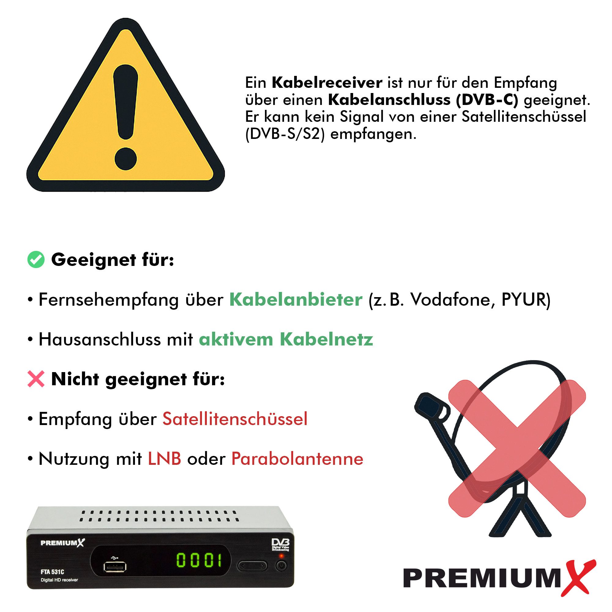 PremiumX FTA 531C Kabel Receiver DVB-C FullHD TV Digital USB SCART HDMI Kabel-Receiver