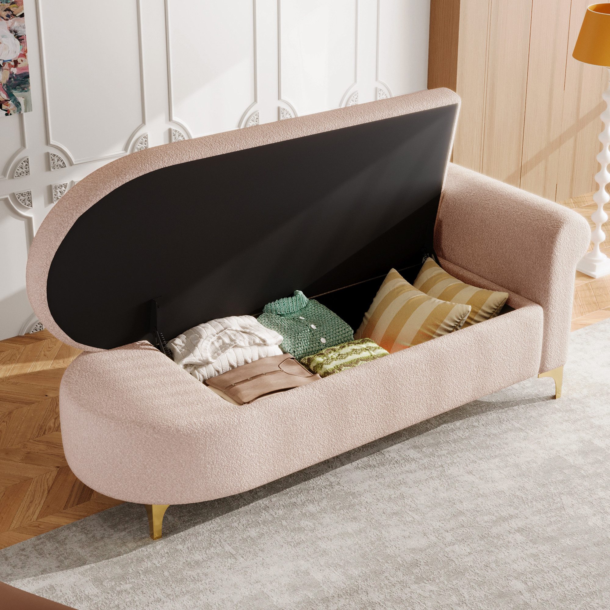 Odikalo Chaiselongue Relaxsessel Freizeitstuhl mit Stauraum & Schlaffunktion, modernes Design wellenförmige Rückenlehne Teddyplüsch-Stoff hochdichter Sitzkissen inkl Lendenkissen+Nackenkissen 134 cm