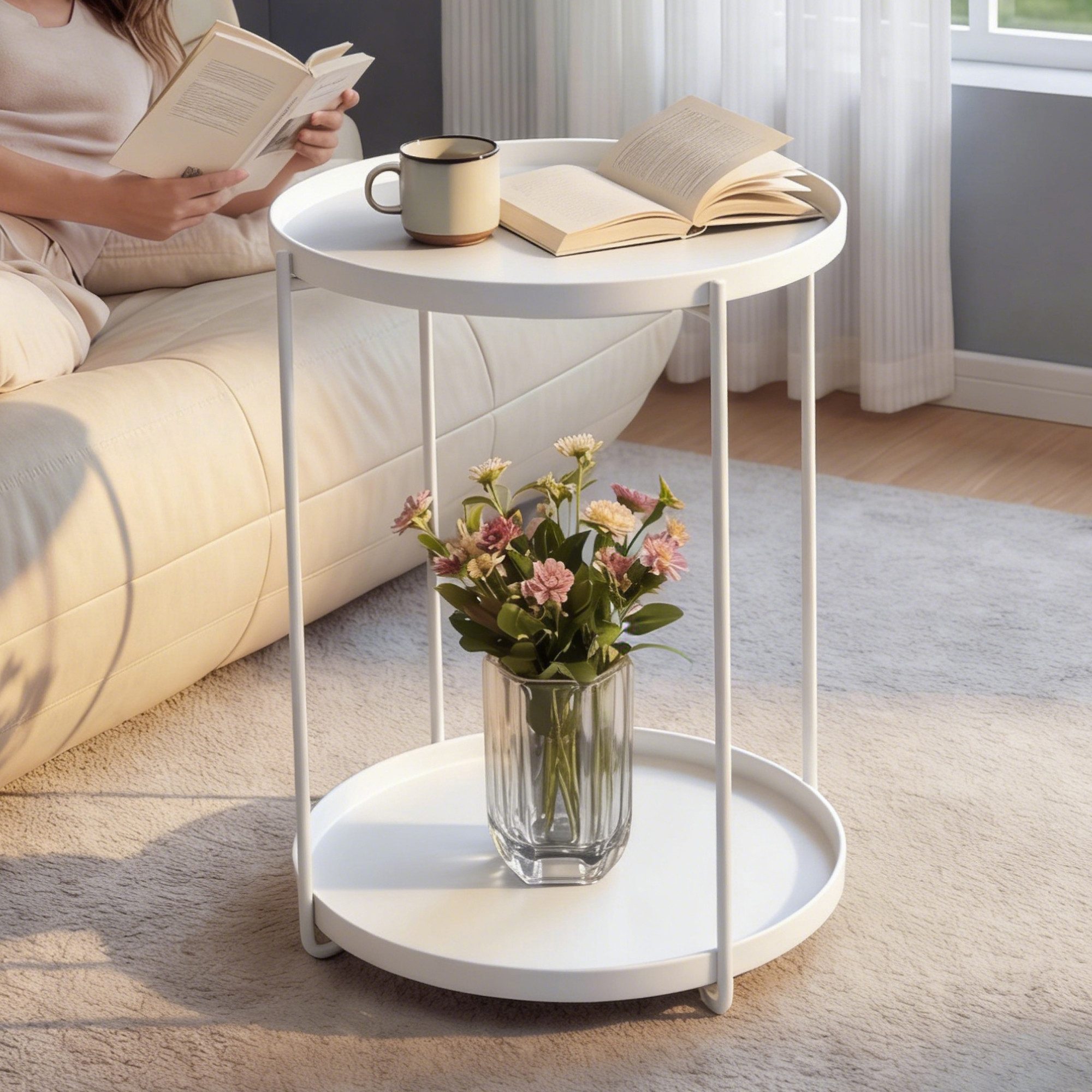 doporro Beistelltisch Couchtisch kleiner Tisch mit 1/2 geflochtenen Ablagen rund Reglo-08, Zwei Materialien zur Auswahl
