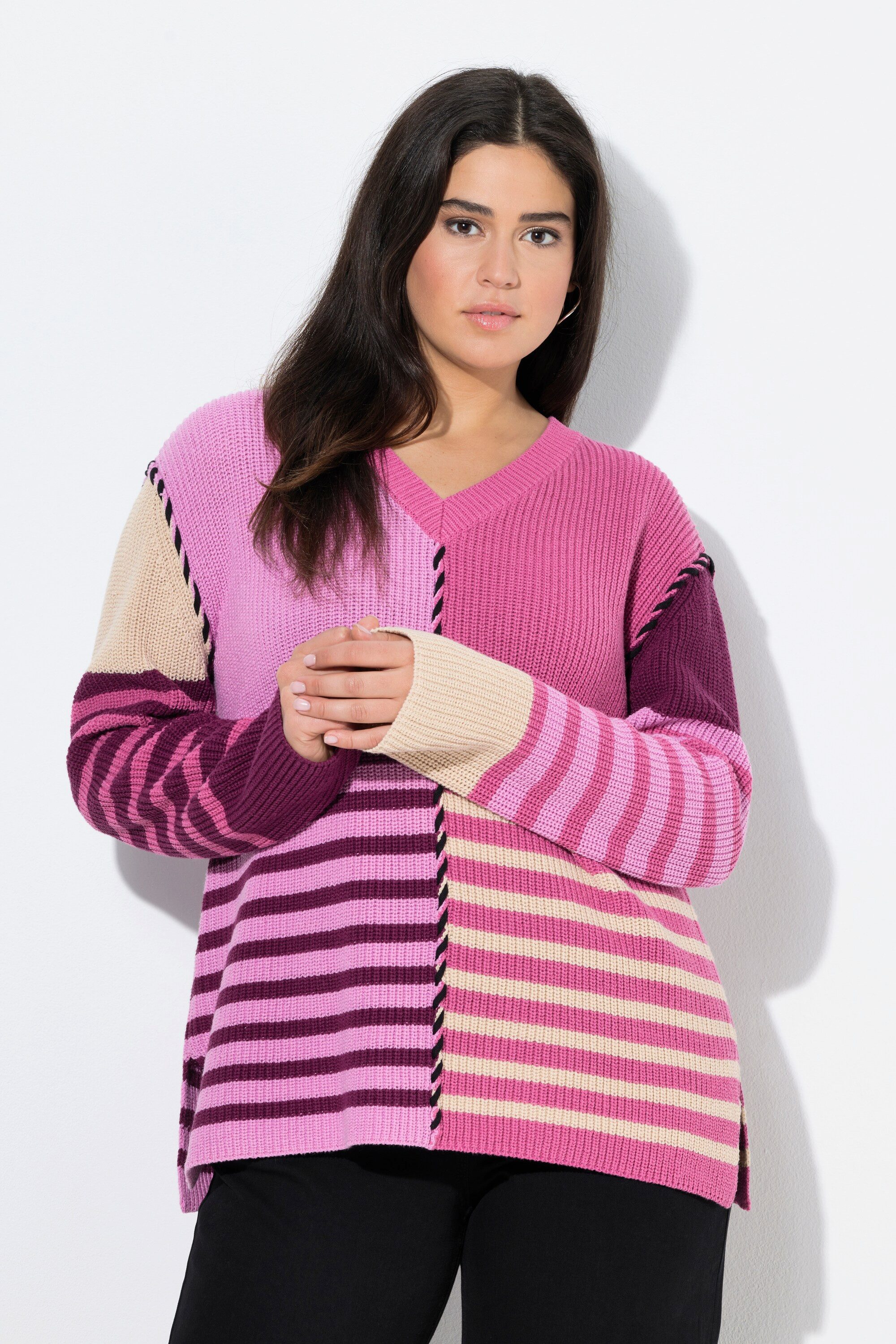 Ulla Popken Strickpullover Pullover Colorblocking V-Ausschnitt günstig online kaufen