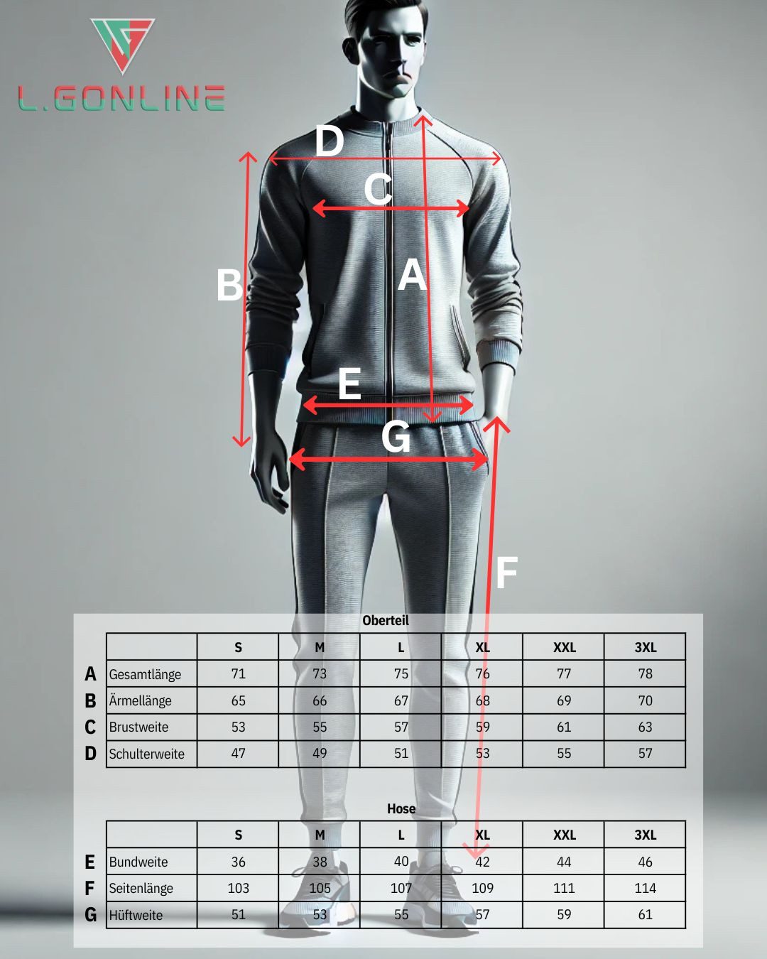 L.gonline Jogginganzug Herren Trainingsanzug Freizeitanzug ohne Kapuze 500A (Zipperjacke ohne Kapuze und Hose, 2-tlg., Zipperjacke und Hose), Fitness Freizeit C – Bild 5 von 5