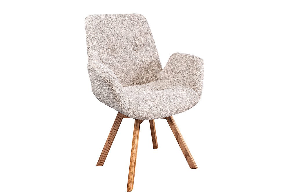 riess-ambiente Polsterstuhl BALTIC beige/natur - Bouclé, Eiche-Massivholz, 360° drehbar, Armlehnen (Einzelartikel, 1 St), Luxuriöser Teddystoff- ideal für Ess-, Wohn- & Schlafzimmer oder Küche