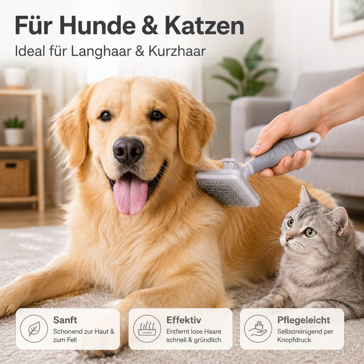 PeTraum Fellbürste Haustierbürste Hundebürste Katzenbürste für Langhaar und Kurzhaar