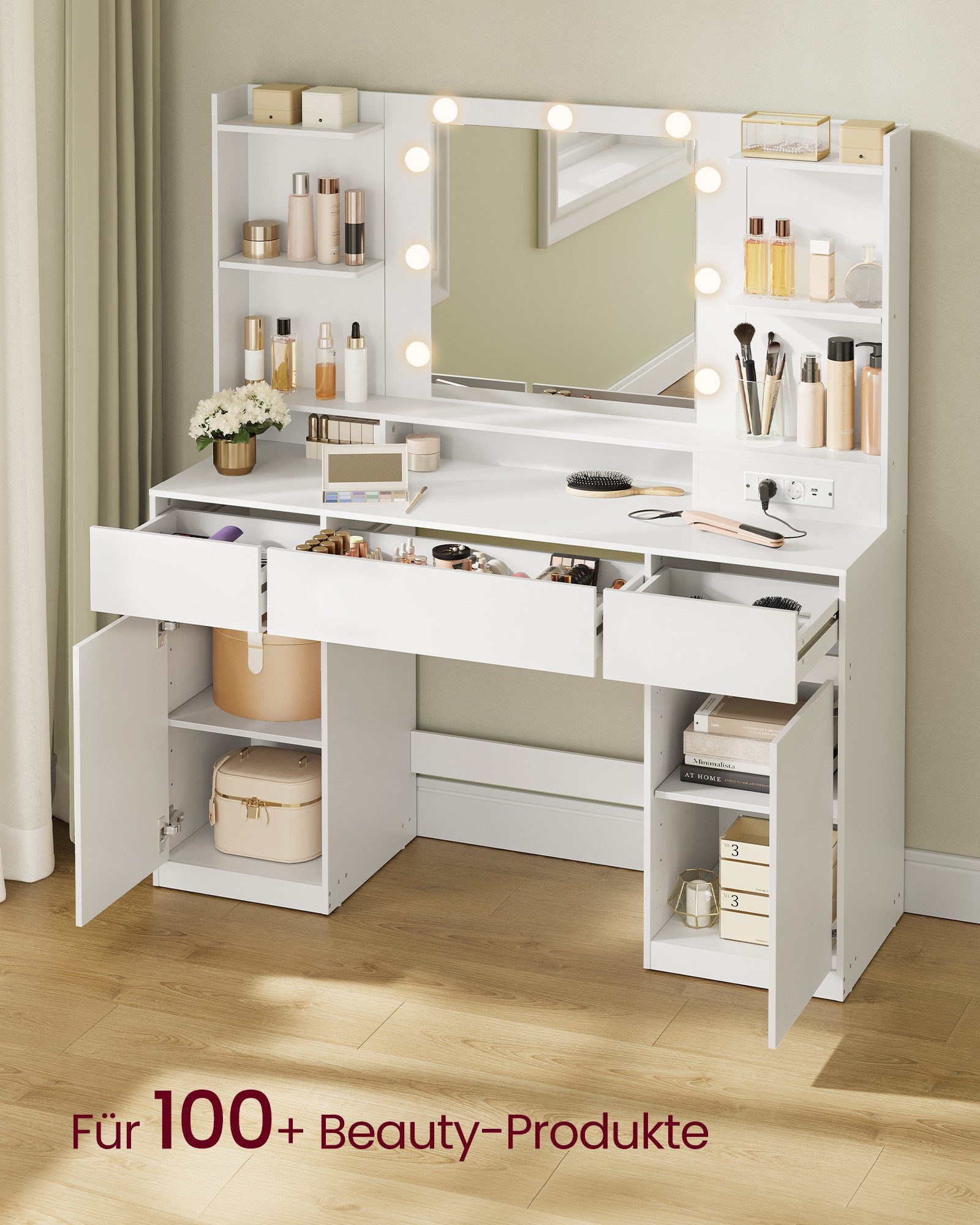 VASAGLE Schminktisch Hocker Steckdosenleiste (1 Tisch mit 1 Hocker), mit Spiegel und LED-Leuchten, 2 Schränke, 9 dimmbare Glühbirnen – Bild 5 von 5