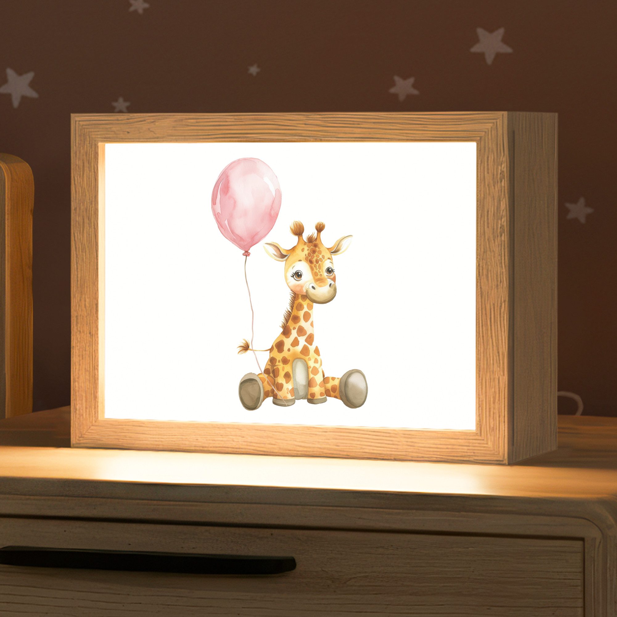 OnlyWow Nachttischlampe Lightbox Giraffe - Baby - Tiere - Rosa Luftballon - Mädchen, Dimmbar, Farbwechsel, LED, Warmweiß, Kaltweiß, Neutralweiß Einstellbar, Nachtlicht, Kinder- und Babyzimmer, Dimmbar, mit Kabel, Tischleuchte