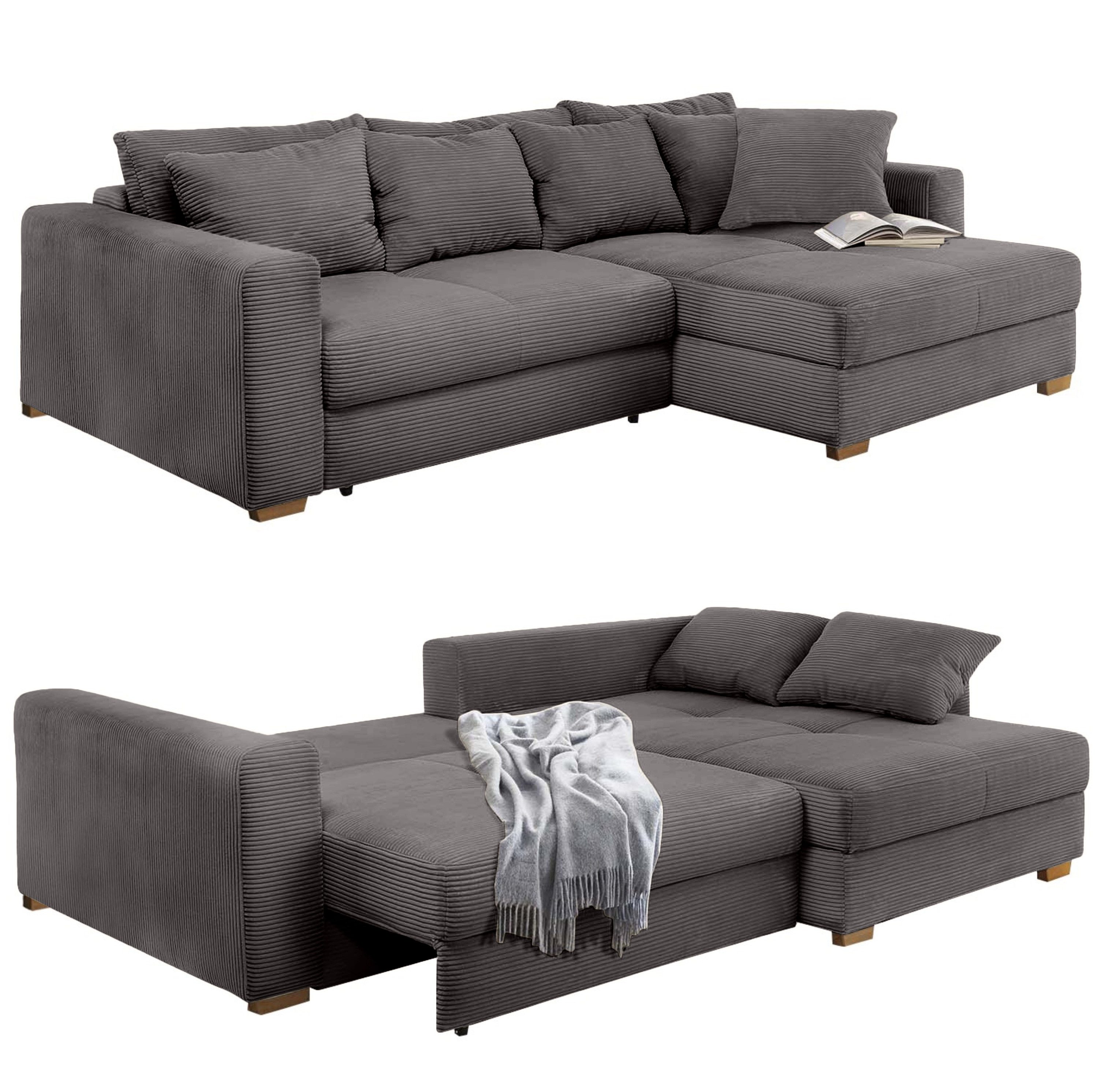 luma-home Ecksofa 15153, Dauerschläfer mit Bettkasten 288x186 cm, Federkern, Ottomane links oder rechts, Cord, Grau Anthrazit