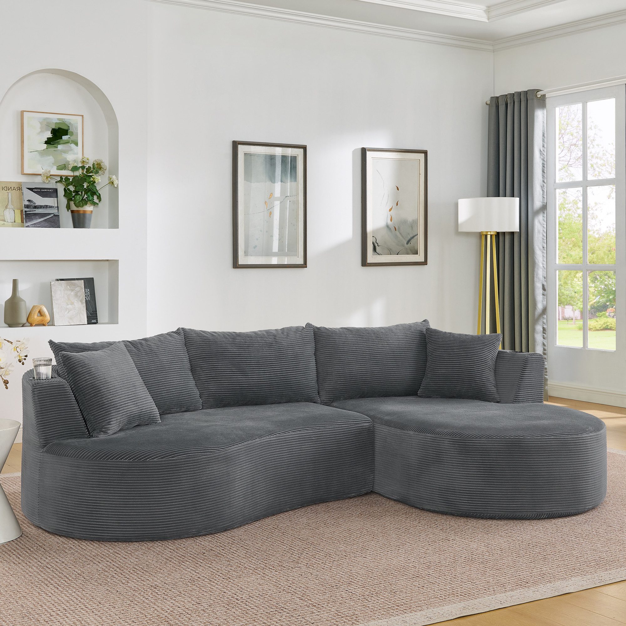 OKWISH Sofa Inkl. Getränkehalter & Kissen, vakuumverpackt, für Wohnzimmer, Bogenförmiges Design, weicher Cordstoff in Grau 1 Teile, 3-Sitzer Kompressionssofa mit rechte Chaiselongue