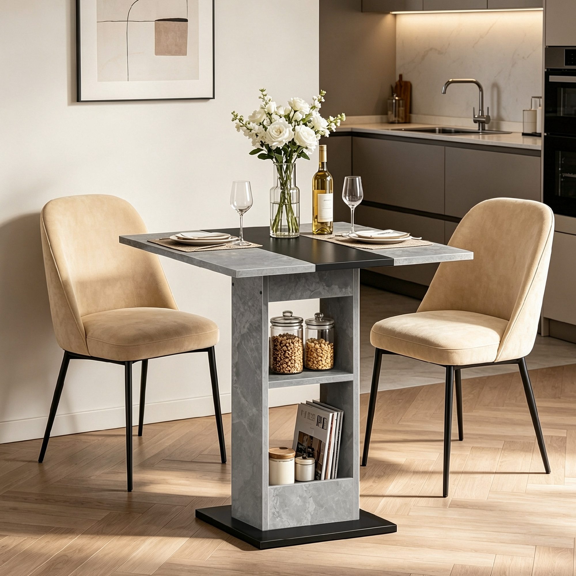 OYRREU Esstisch mit integriertem Stauraum, Abstelltisch Betongrau & Marmor-Optik (Wohnzimmer- Esszimmertisch 1-St., Tisch mit Ablagefächern, Arbeitstisch, groß), Büro, Salon, modern, 64,5x64,5x78cm, OTTO’S CHOICE