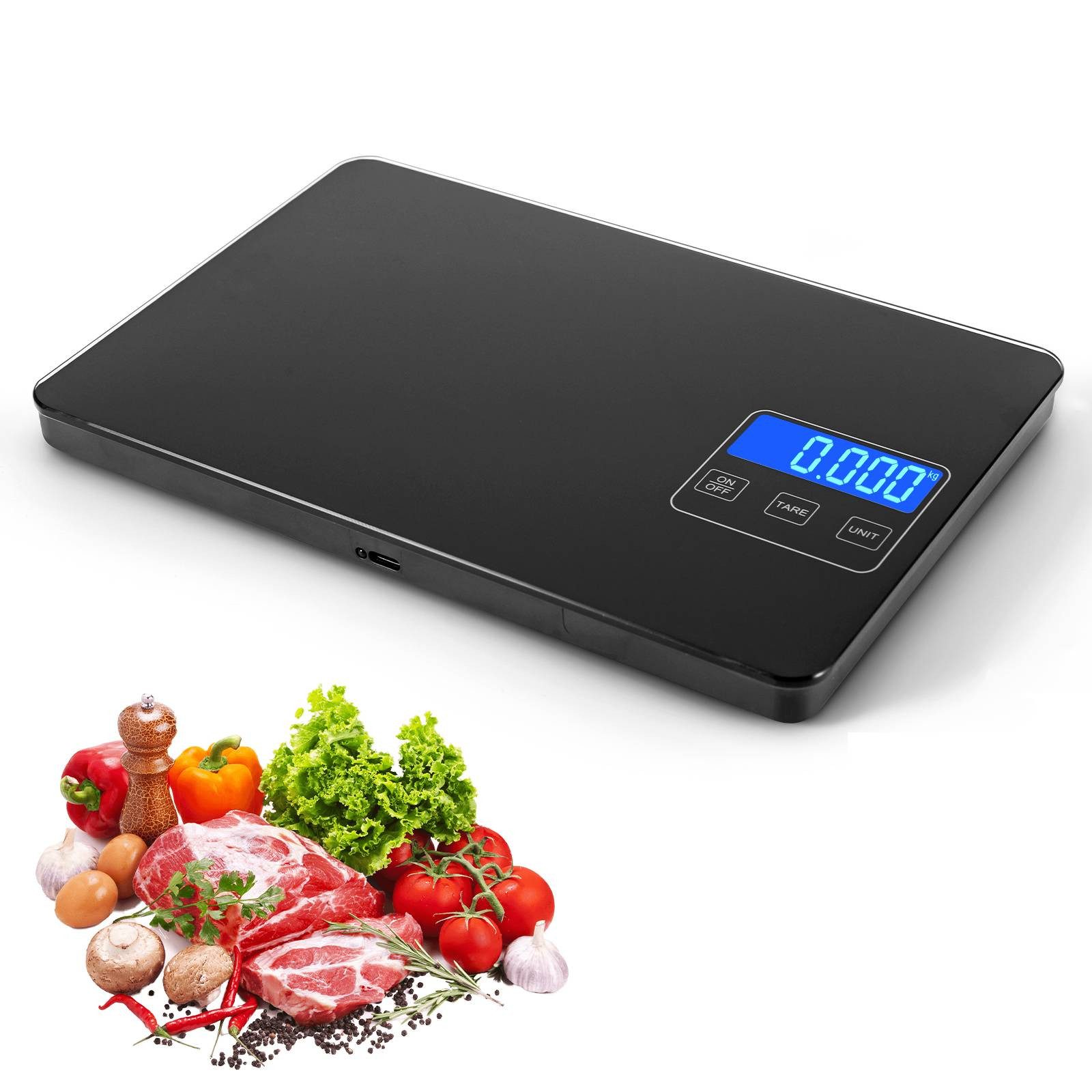 BlingBin Küchenwaage Lebensmittel Küchenwaage Digital Elektronische Professionelle Waage, (Haushaltswaage mit 5 Umschaltbaren Einheiten, Hohe Präzision auf bis zu 1g, 1-tlg., 24*16*2.1cm), USB-Anschluss 15KG Essenswaage aus Gehärtetem Glas für Küche