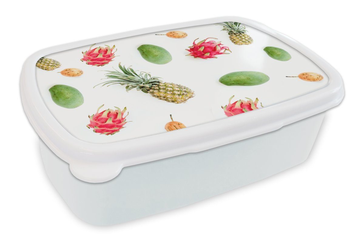 MuchoWow Lunchbox Tropisch - Obst - Ananas, Kunststoff, (2-tlg), Brotbox für Kinder und Erwachsene, Brotdose, für Jungs und Mädchen weiß