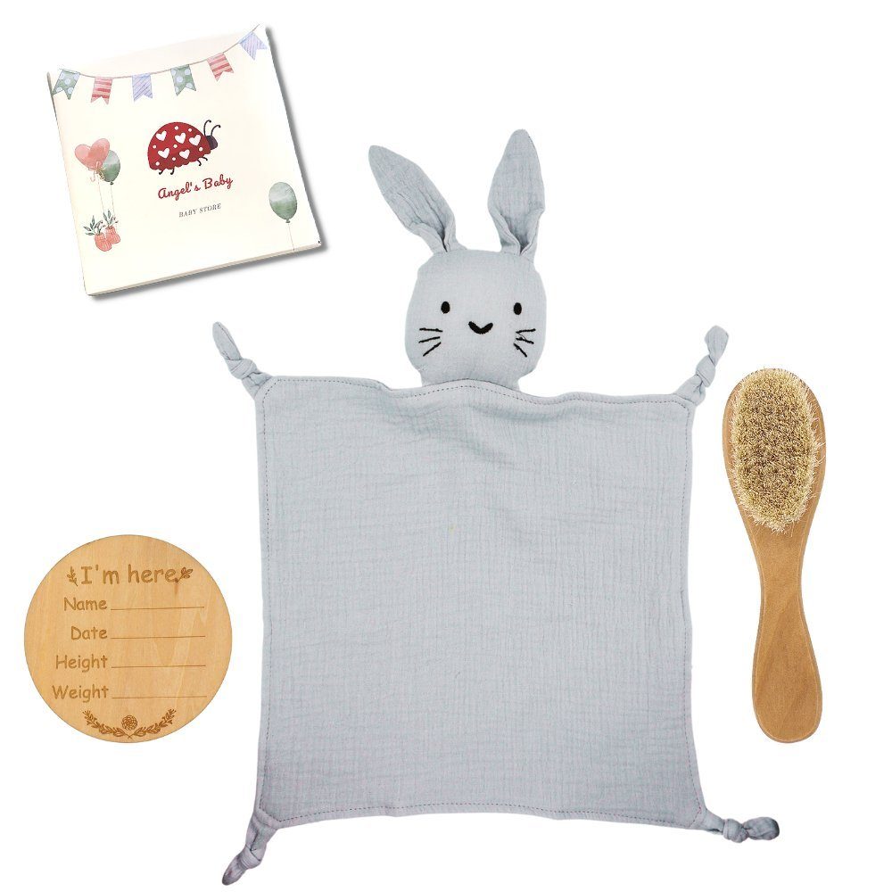 Angel's Baby Neugeborenen-Geschenkset Geschenk zur Geburt mit Schnuffeltuch, Babybürste und Meilenstein (Set, 3-tlg., 1 Schnuffeltuch, 1 Haarbürste, 1 Meilenstein + gratis Grußkarte) in niedlichem Design