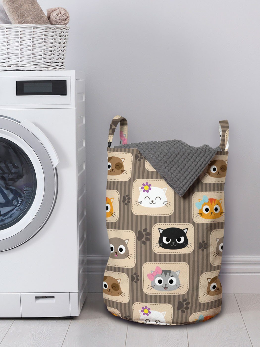 Wäschesäckchen Abakuhaus Waschsalons, Katze Gesichter für Patchwork-Art-dumme Kordelzugverschluss Wäschekorb Griffen mit