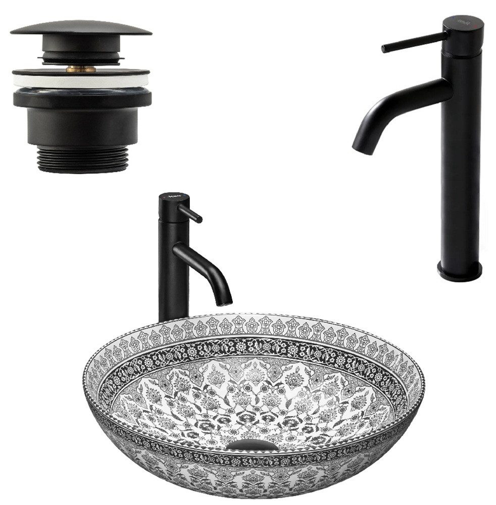 wohnwerk.idee Aufsatzwaschbecken Waschbecken Bunt Braun Blau Vintage Mexikanisch Ornamente Orientalisch