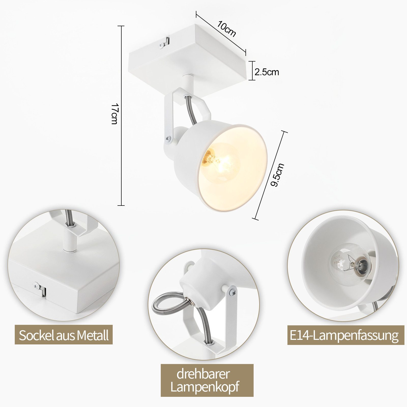 ZMH Deckenstrahler 1 Flammig Vintage Wandleuchte E14 Retro Küchenlampe für Schlafzimmer, Hochwertige Design, ohne Leuchtmittel, Schwarz Schwenkbar 350° MAX.40W Deckenleuchte Wohnzimmer