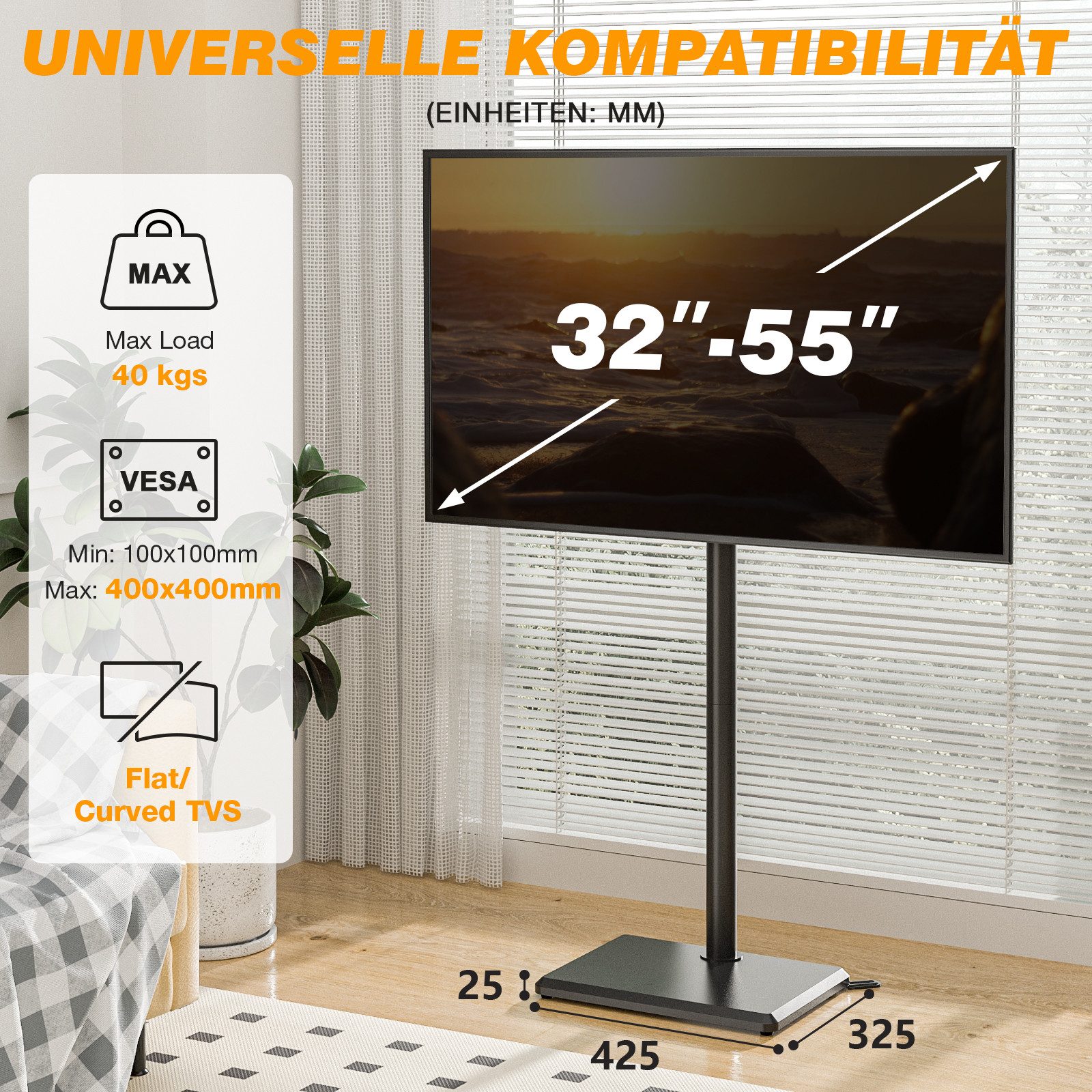 TVON TV-Ständer für 32-55 Zoll Fernseher höhenverstellbar schwenkbar, (bis 55 Zoll, 1-tlg., Max. VESA 400x400 mm bis 40 kg)