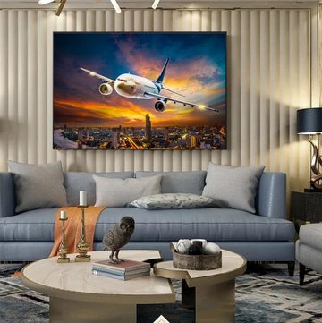 TPFLiving Kunstdruck (OHNE RAHMEN) Poster - Leinwand - Wandbild, Vintage Flugzeug-Sonnenuntergang-Himmel-Leinwandgemälde (Leinwandbild XXL), Farben: Orange, Blau, Weiß, Schwarz, Rot, Gelb -Größe: 20x30cm