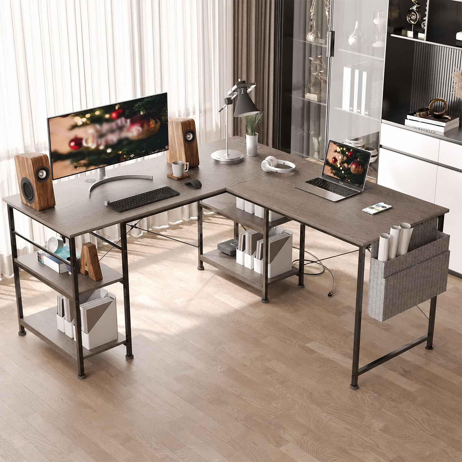 Aiorber Computertisch aiorber-Grauer L-Schreibtisch mit Steckdosenleiste und Ablagen