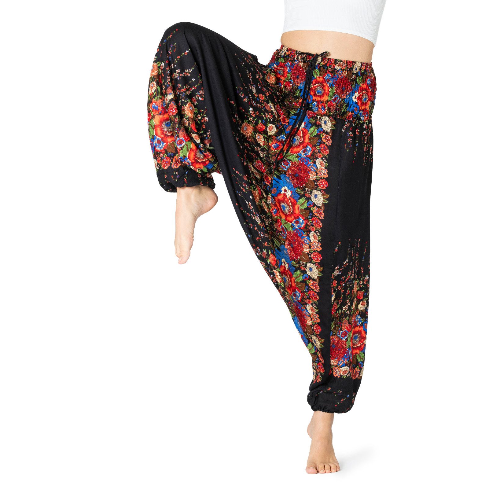 PANASIAM Haremshose Aladinhose mit Blumenmuster aus 100% natürlicher Viskose Haremshose lockere Loungewear weite Pumphose Freizeithose für Alltag Meditation