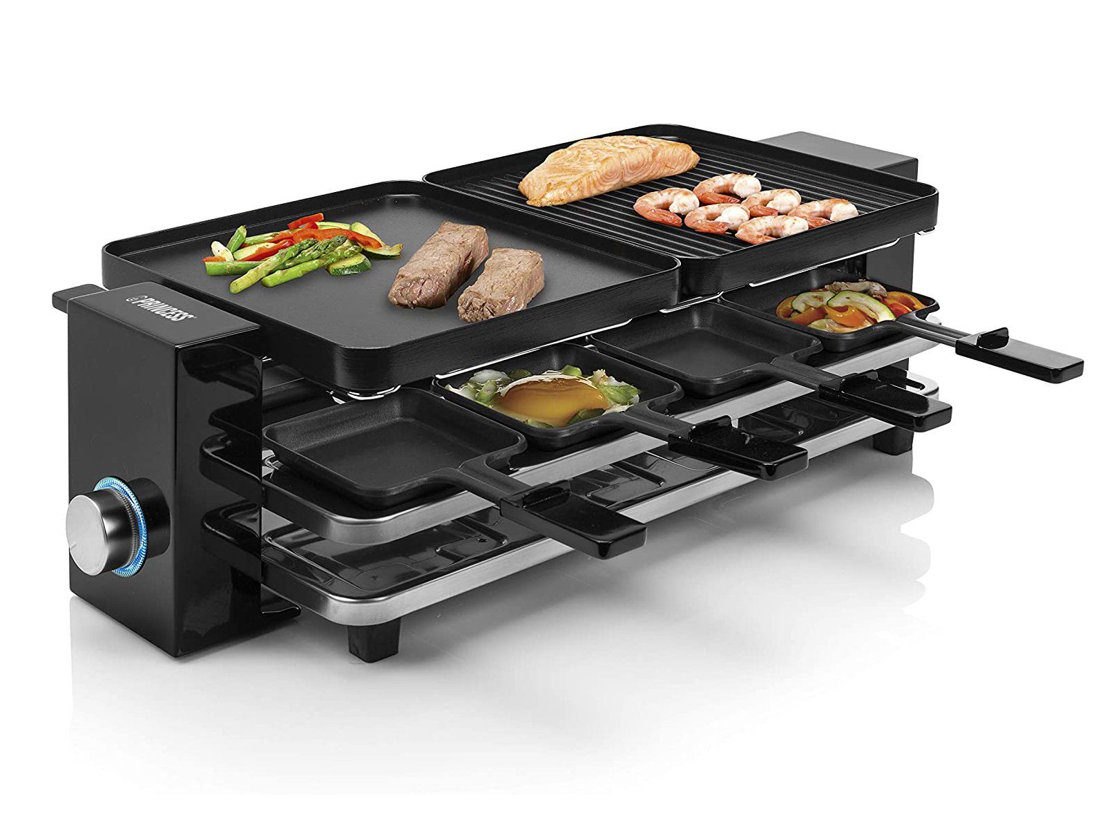 PRINCESS Raclette, 8 Raclettepfännchen, 1200 W, Elektro Tischgrill für 2-8 Personen mit Parkdeck für Pfännchen