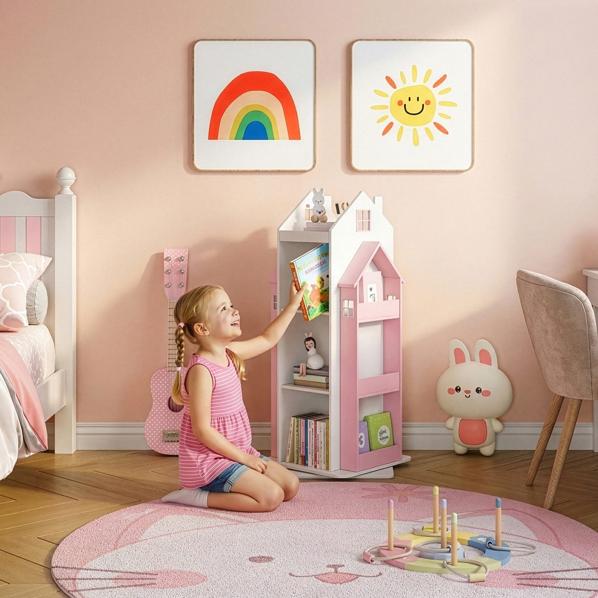 en.casa Kinderregal, drehbar »Vipsali« in Hausdesign 108x40x40 cm Rosa/Weiß
