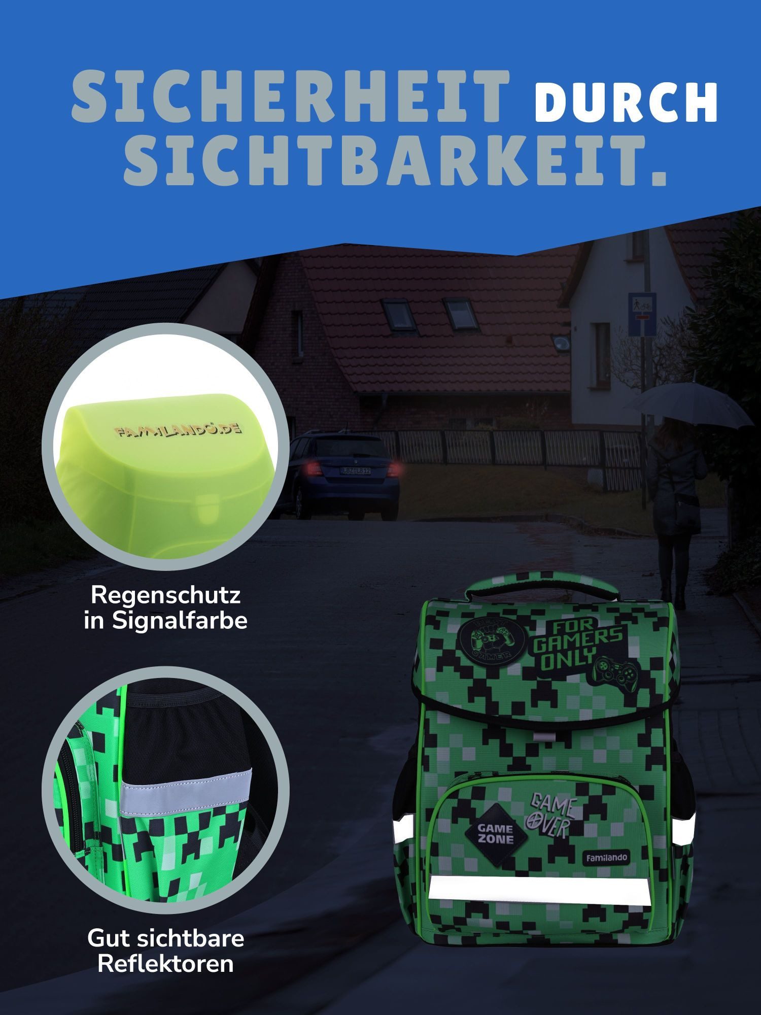 Familando Schulranzen Basic Plus 1.-4. Klasse ergonomisch, leicht, Volumen 15 Liter (Set, 6-tlg., inkl. Federmäppchen und Sporttasche), Gamer Pixel Playworld Motiv