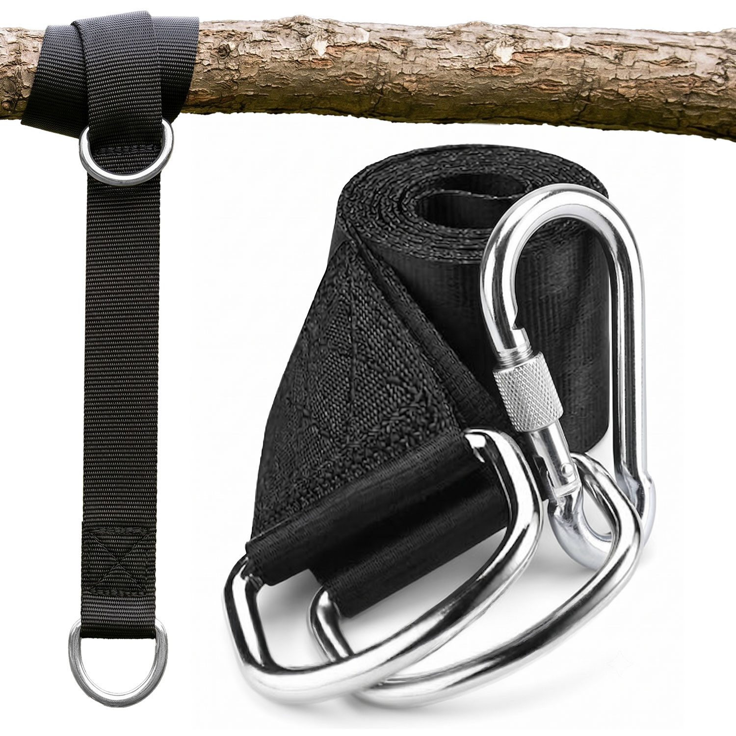 AMANKA Hängematte Befestigung - 3 m Baumgurt mit Karabiner für Hängematten & Hängesessel, Befestigungsset bis 150 kg - Baumstamm Gurt - Seilaufhängung Polyester