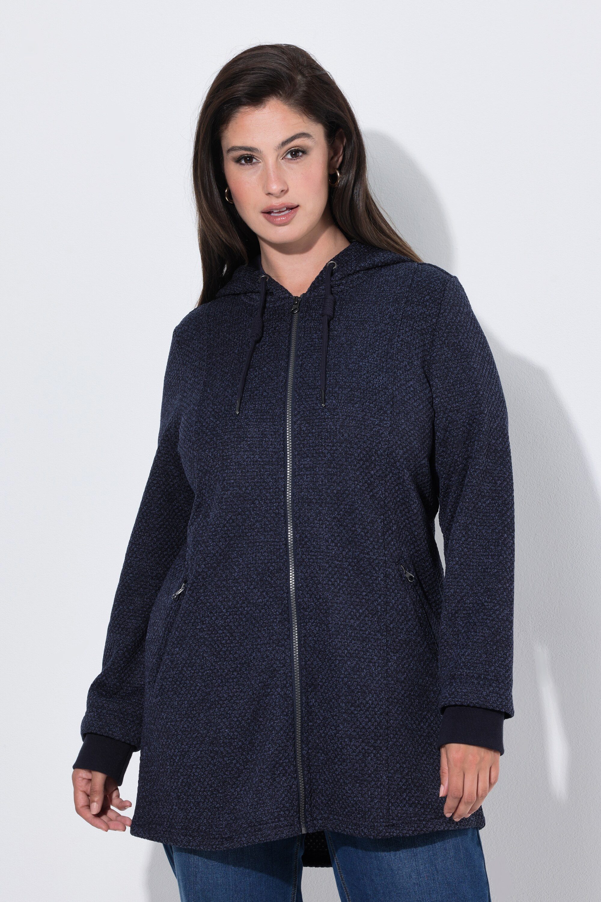 Ulla Popken Sommerjacke Strickfleece-Jacke Schriftzug Kapuze Langarm