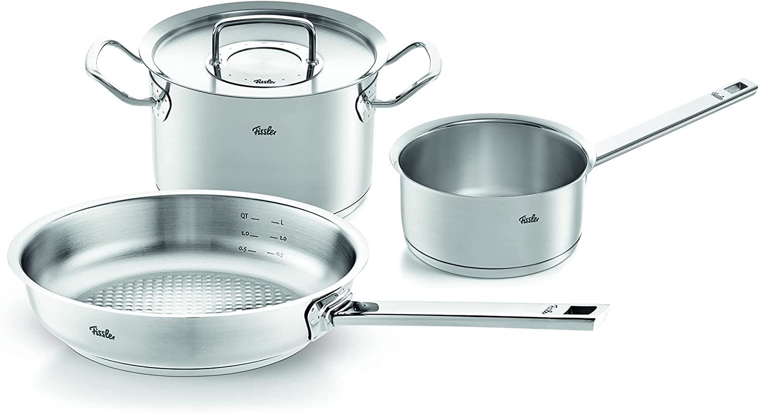 Fissler Topf-Set ORIGINAL-PROFI COLLECTION® Edelstahl-Topfset, Edelstahl 18/10 (4-tlg., 1x Kochtopf Ø 20 cm, 1x Stielkasserolle Ø 16 cm, 1x Pfanne Ø 24 cm), mit breitem Schüttrand, Kaltmetallgriffen. Made in Germany