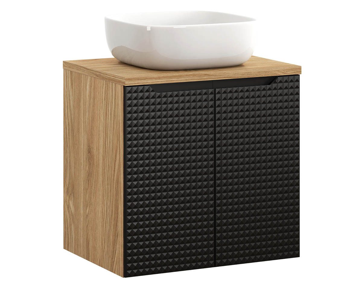 einfachgutemoebel Waschtisch-Set Bad Waschplatz LUX Onyx 60cm Türen, Aufsatzbecken weiß, black-oak, (Badmöbel Set, 1-St., Waschtisch Unterschrank)