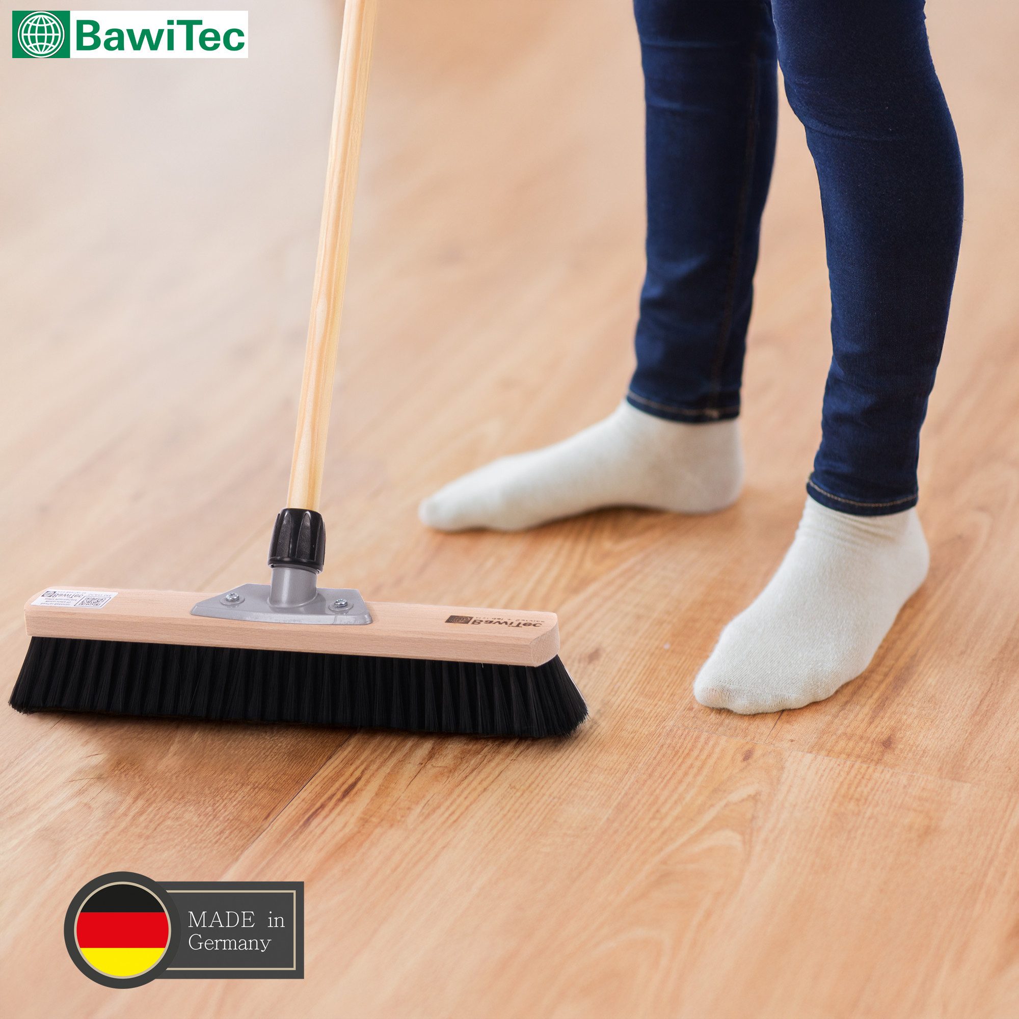 BawiTec Abziehbesen Hochwertiger Besen mit Stiel Holz Kehrbesen Holzstiel Breit Lang, Fliesen, Laminat, Parkett, Vinyl, PVC, Holz, Steinzeug, (Kehrbesengarnitur, Komplett-Set)