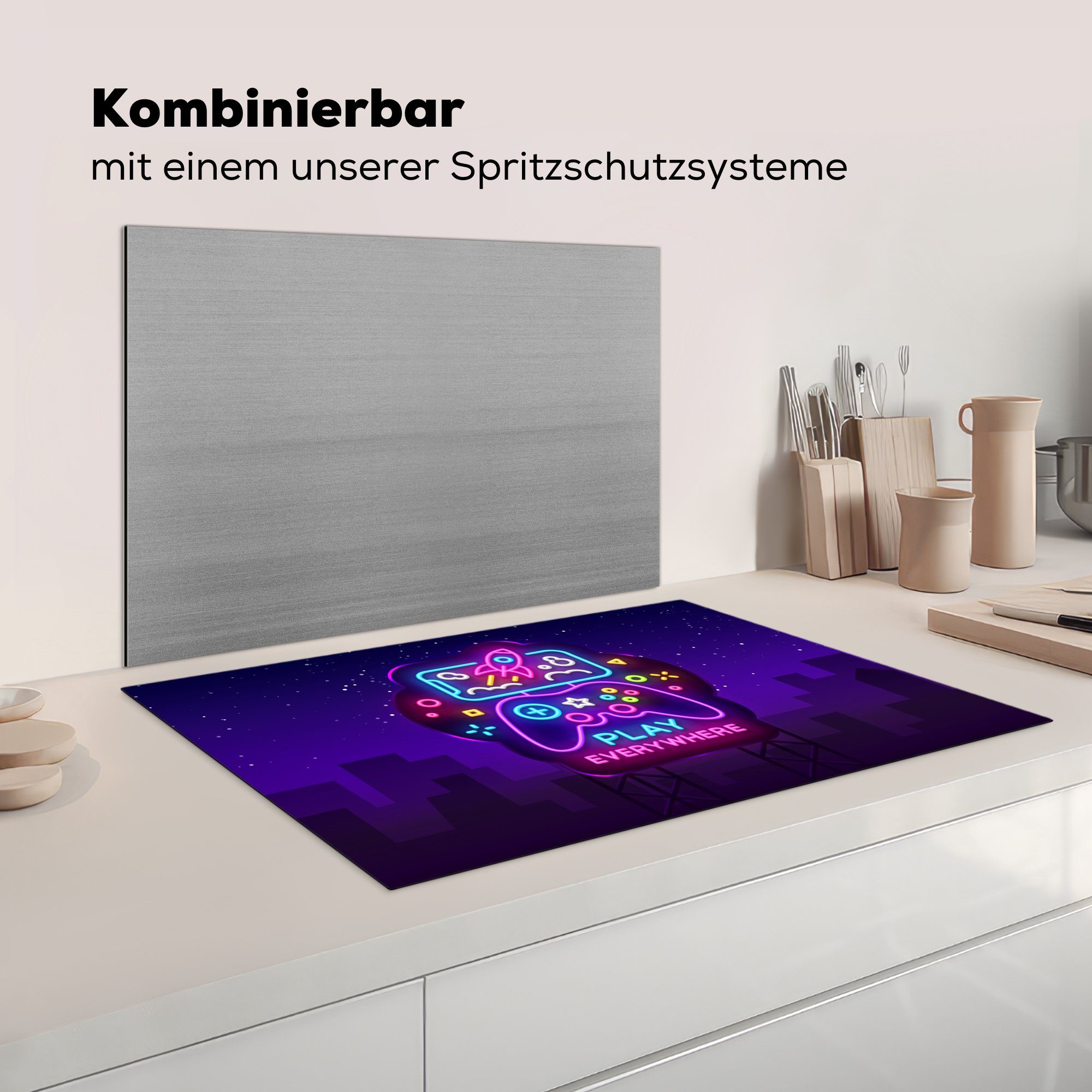 Herdblende-/Abdeckplatte MuchoWow (1 - Arbeitsplatte Vinyl, Blau Spielen - cm, - Nacht küche Controller, 81x52 Gaming Neon für - tlg), Ceranfeldabdeckung, -