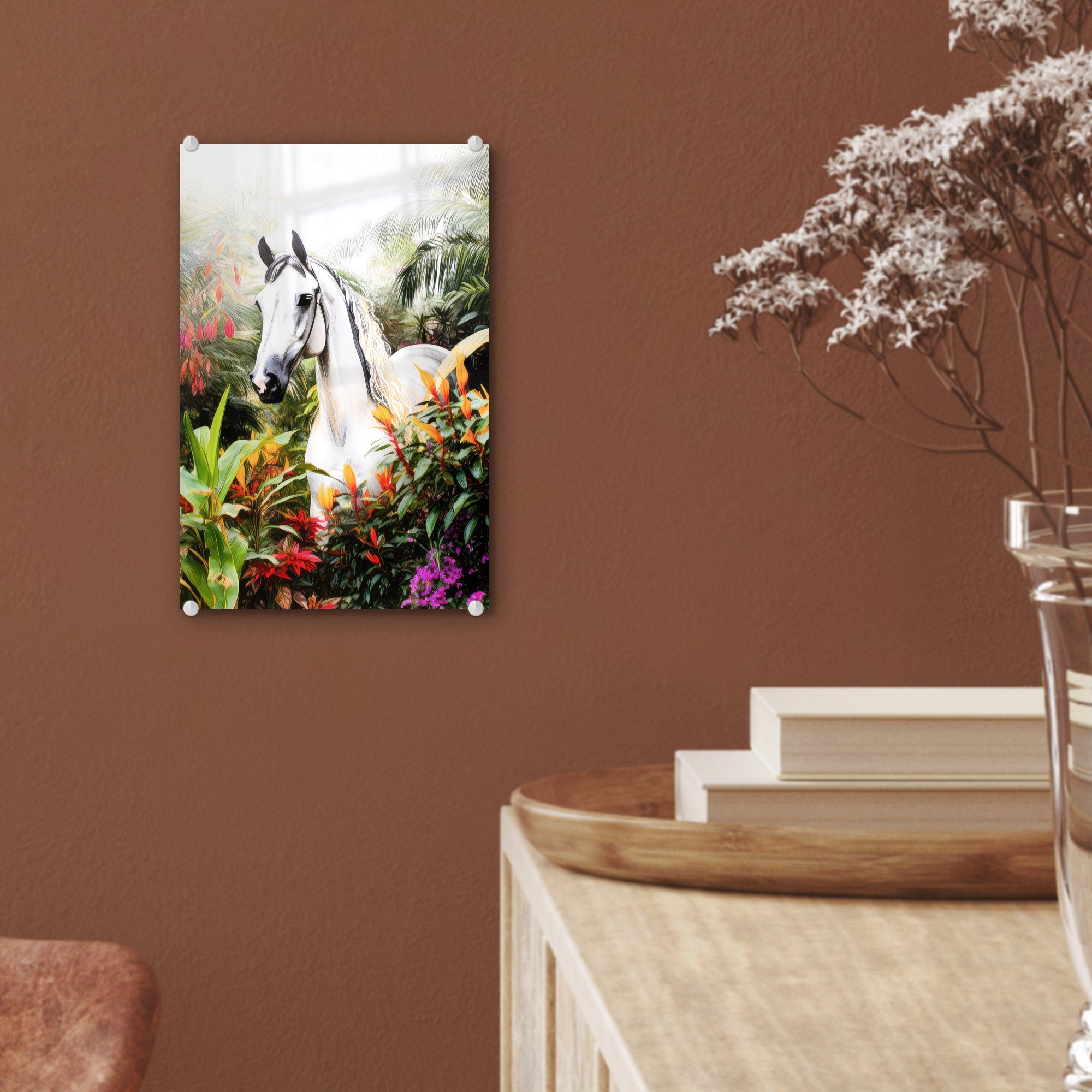 - - Acrylglasbild Pflanzen, St), - Wald Glasbilder Pferd Blumen - Glas Glas Wanddekoration auf Wandbild - Bilder Foto - auf Weiß (1 MuchoWow -