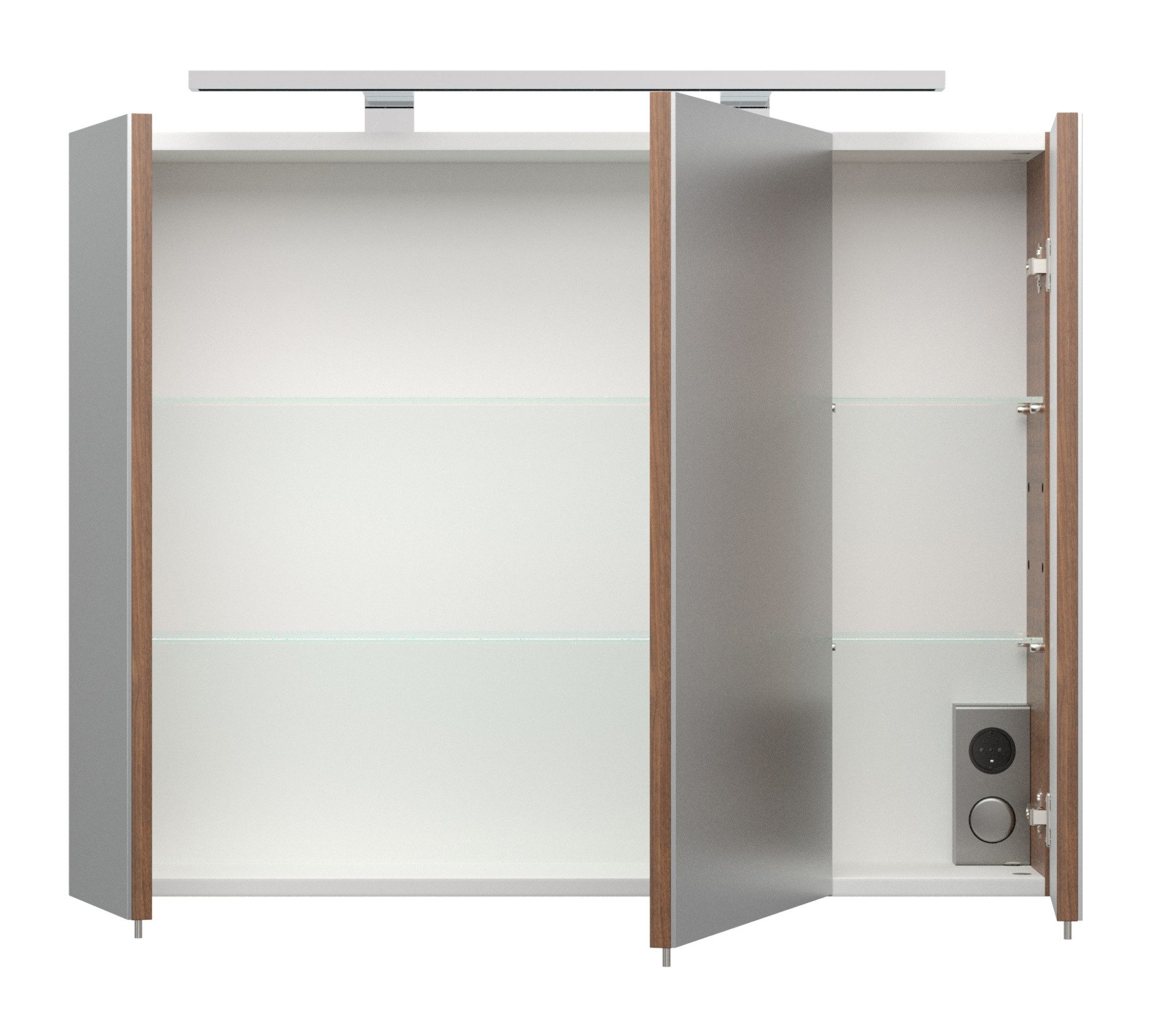 Magnolia Home Badezimmerspiegelschrank Spiegelschrank 80cm inkl. Design LED-Lampe und Glasböden walnuss