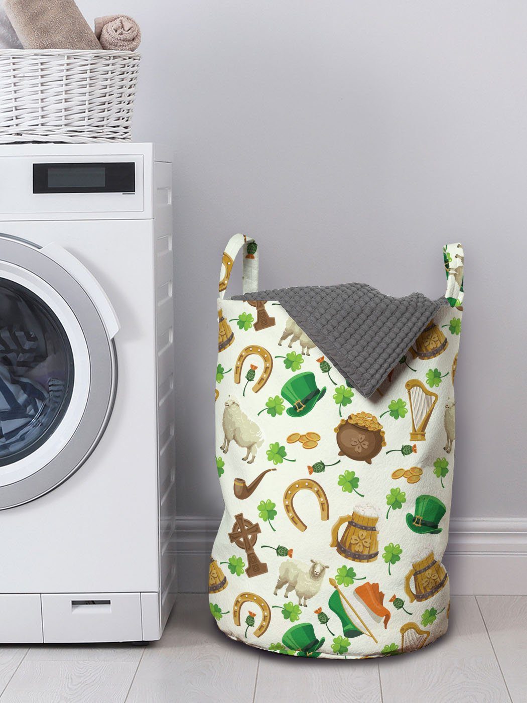 Kultur Waschsalons, Griffen Wäschekorb für Kordelzugverschluss mit Wäschesäckchen Abakuhaus Klee irische