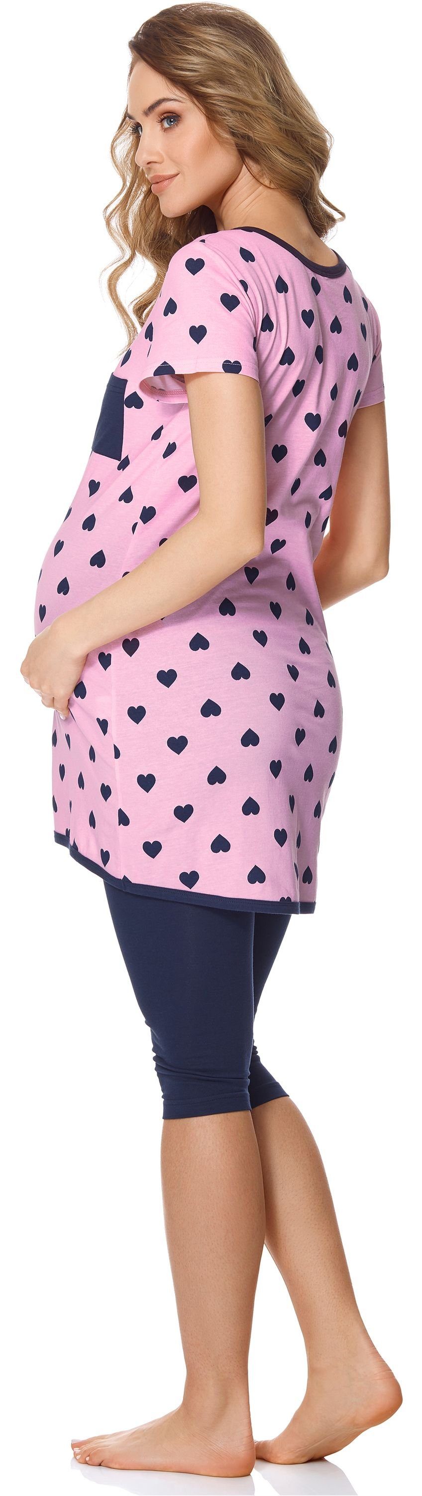 Bellivalini Umstandspyjama Herzen/Marineblau Stillfunktion BLV50-126 Damen Rosa Pyjama mit Umstands mit Brusttasche
