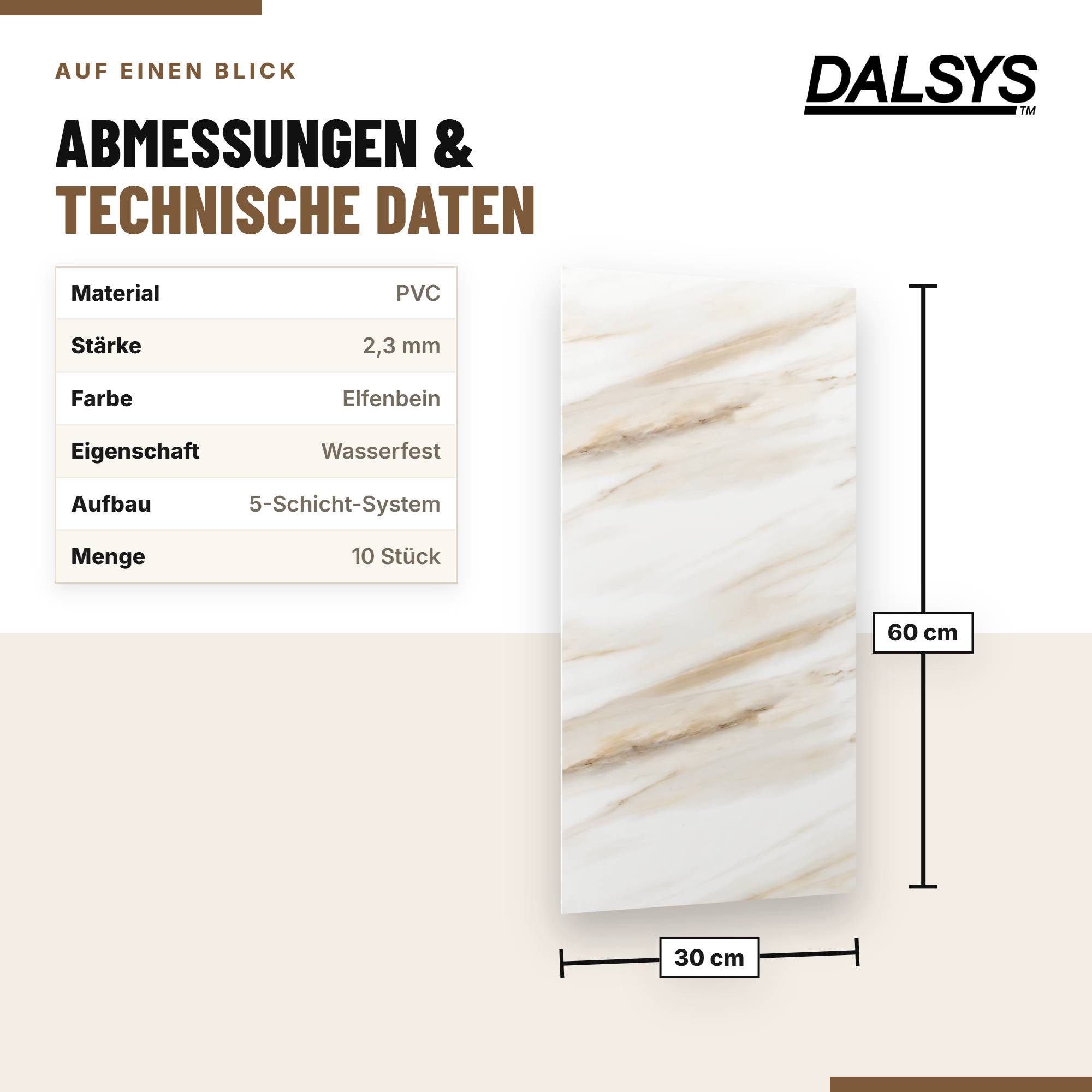 Dalsys Wandpaneel Wandverkleidung selbstklebend aus PVC, BxL: 30x60 cm, (60x30cm Marmoroptik Elfenbein, 10-tlg., flexible Wandverkleidung Badezimmer wasserfest) – Bild 2 von 5