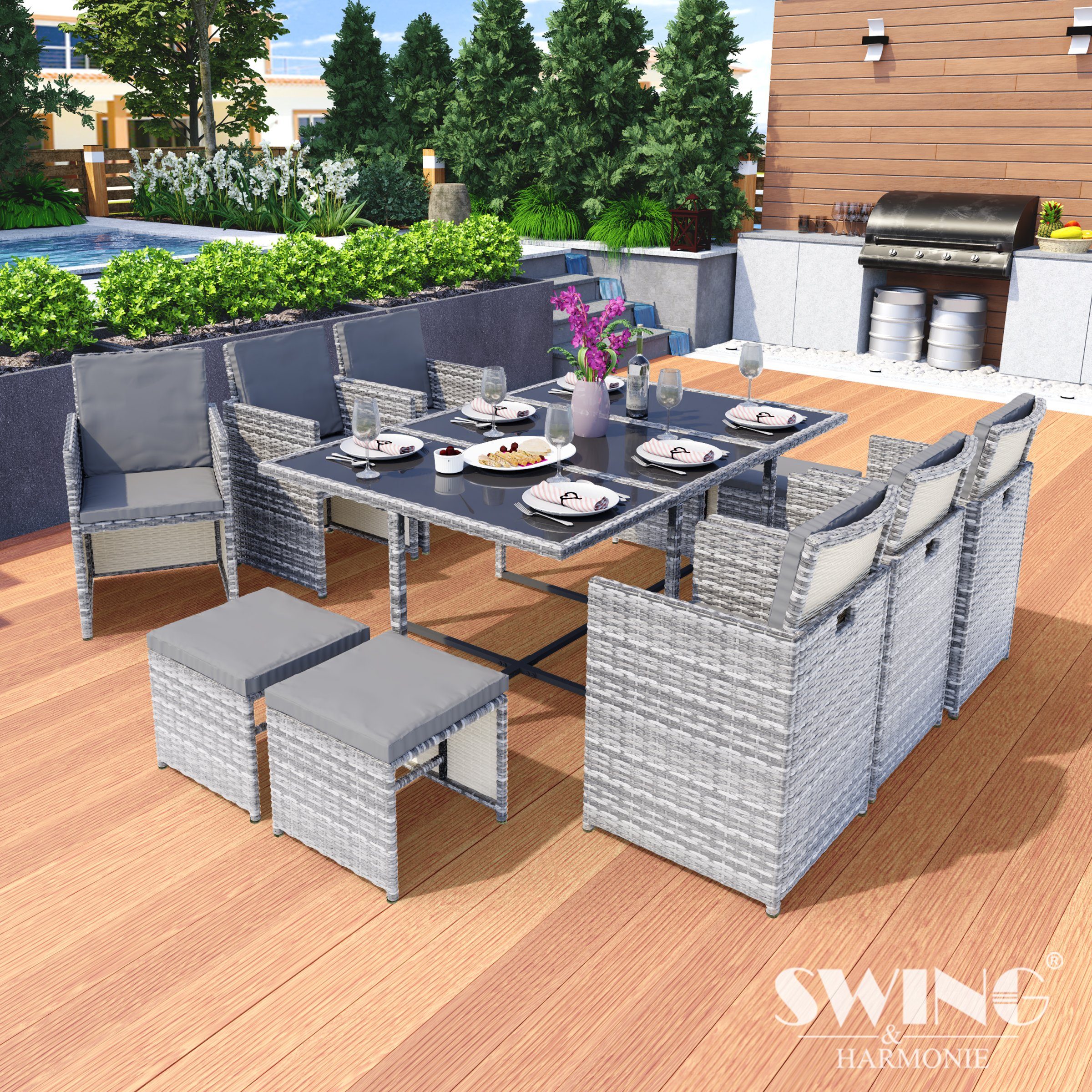 grau Stühle, Tisch, Garten-Essgruppe Swing&Harmonie Hocker Sitzgruppe Poly Lounge Rattan Gartenmöbel Set Sitzgarnitur Esstisch Garnitur