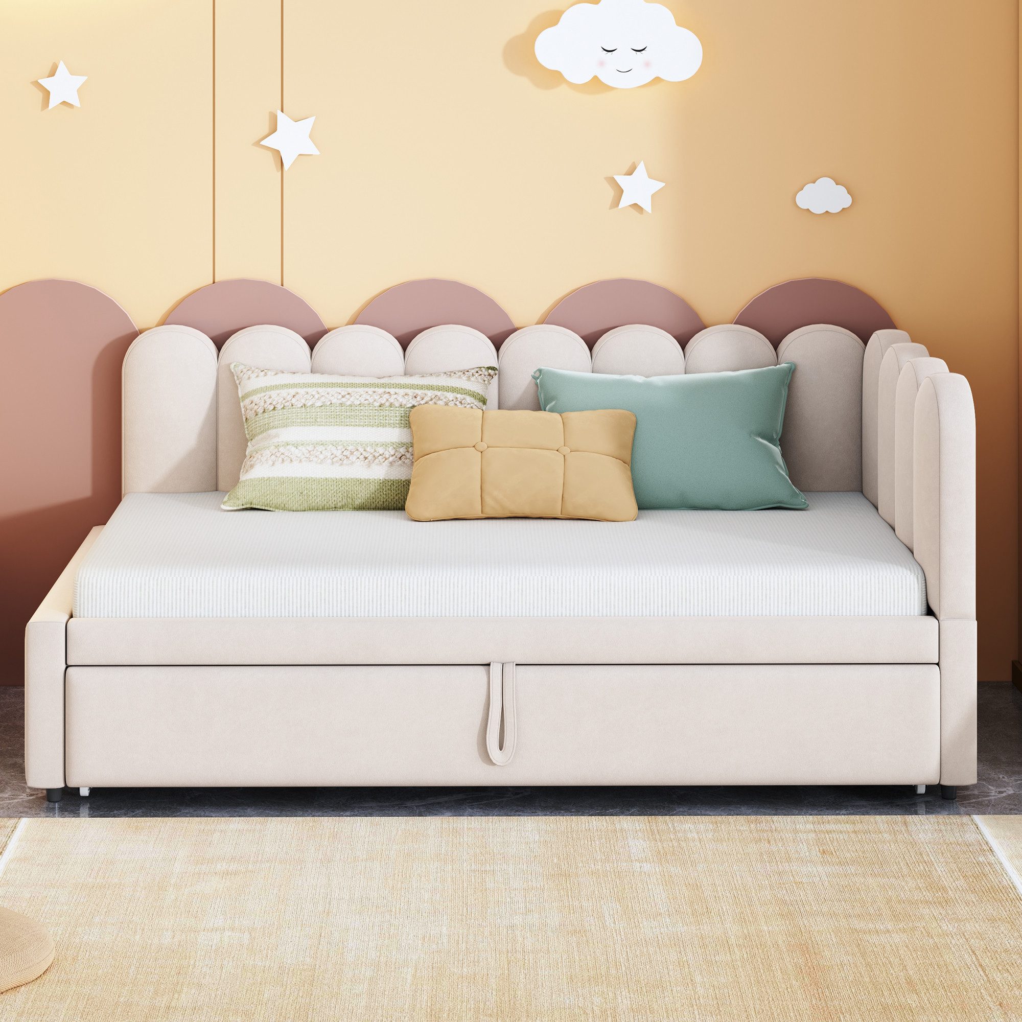 MODFU Schlafsofa 2-in-1 Funktionsbett, L-Form, Samt-Polsterbett, multifunktional als Kinderbett oder Gästebett nutzbar 90/180x200 cm, ohne Matratze