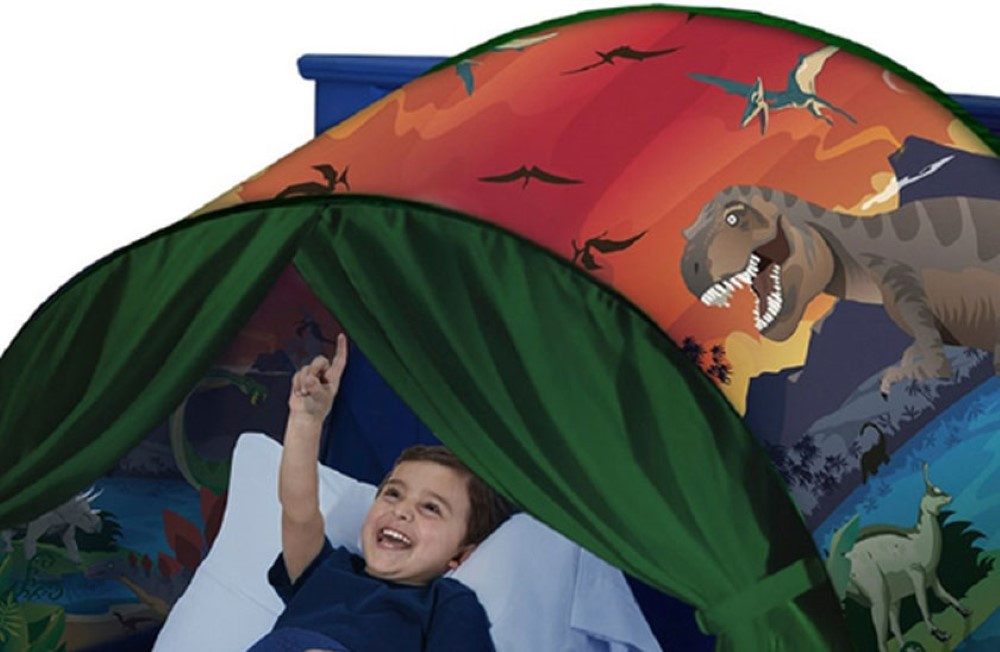 LA CUTE Bettzelt Magisches Dinosaurierzelt über dem Bett für Kinder, Dino-Design (Kinder Bettzelt Set für Schöne Träume, Märchenhaftes Bettzelt für Kinder) einfache Montage, integrierte Aufbewahrungstasche