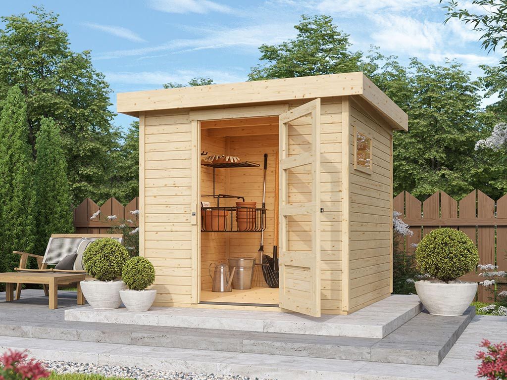 Karibu Gartenhaus KARIBU Gartenhaus Bielefeld 242×238 cm 19 mm, BxT: 242x238 cm, Holz-Gartenhaus mit Fußboden, wetterfest & witterungsbeständig