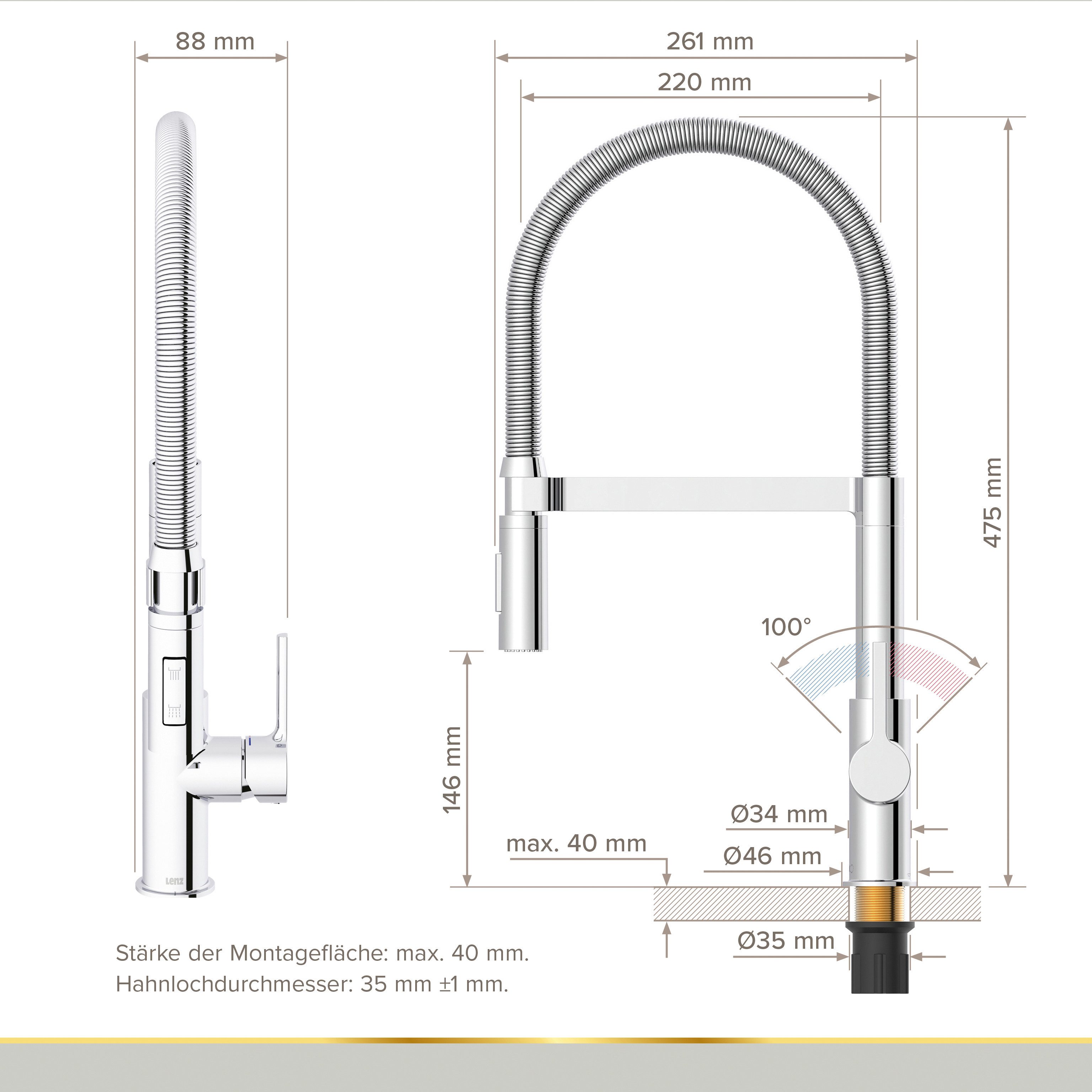 Lenz Küchenarmatur ALUNA mit Pendelbrause 2 Strahlarten Chrom schwenkbar, flexible Brause Flexible Pendelbrause mit 2 Strahlarten