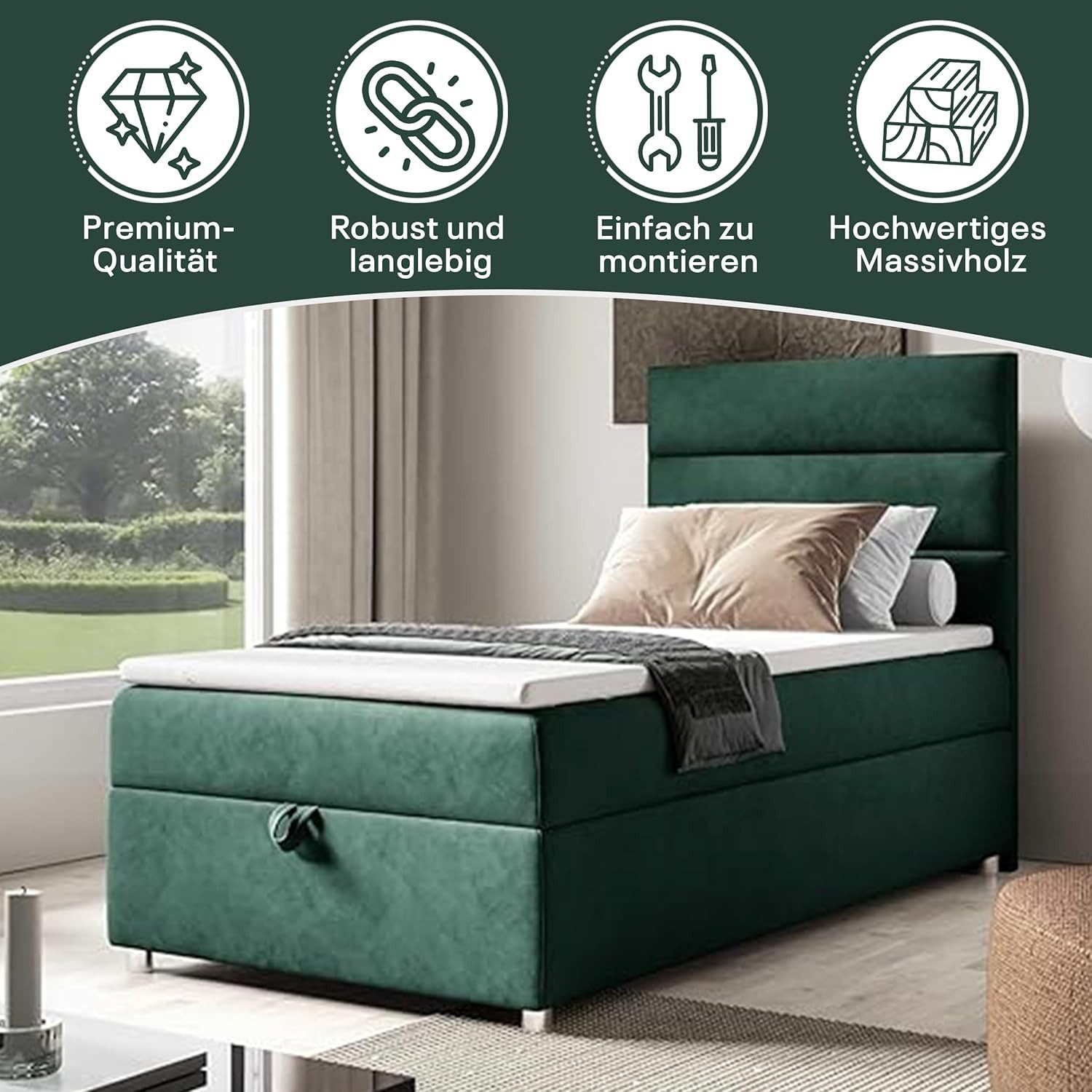 Best for Home Boxspringbett mit Bettkasten Trinity K-4 SINGLE Bonell-Matratze inkl. Topper H3 (Einzelbett, Polsterbett mit gepolstertes Kopfteil, Jugendbett, Kinderbett versch. Größen, 70x200 80x200 90x200 100x200 cm), verschiedene Liefermöglichkeiten, Handwerksqualität