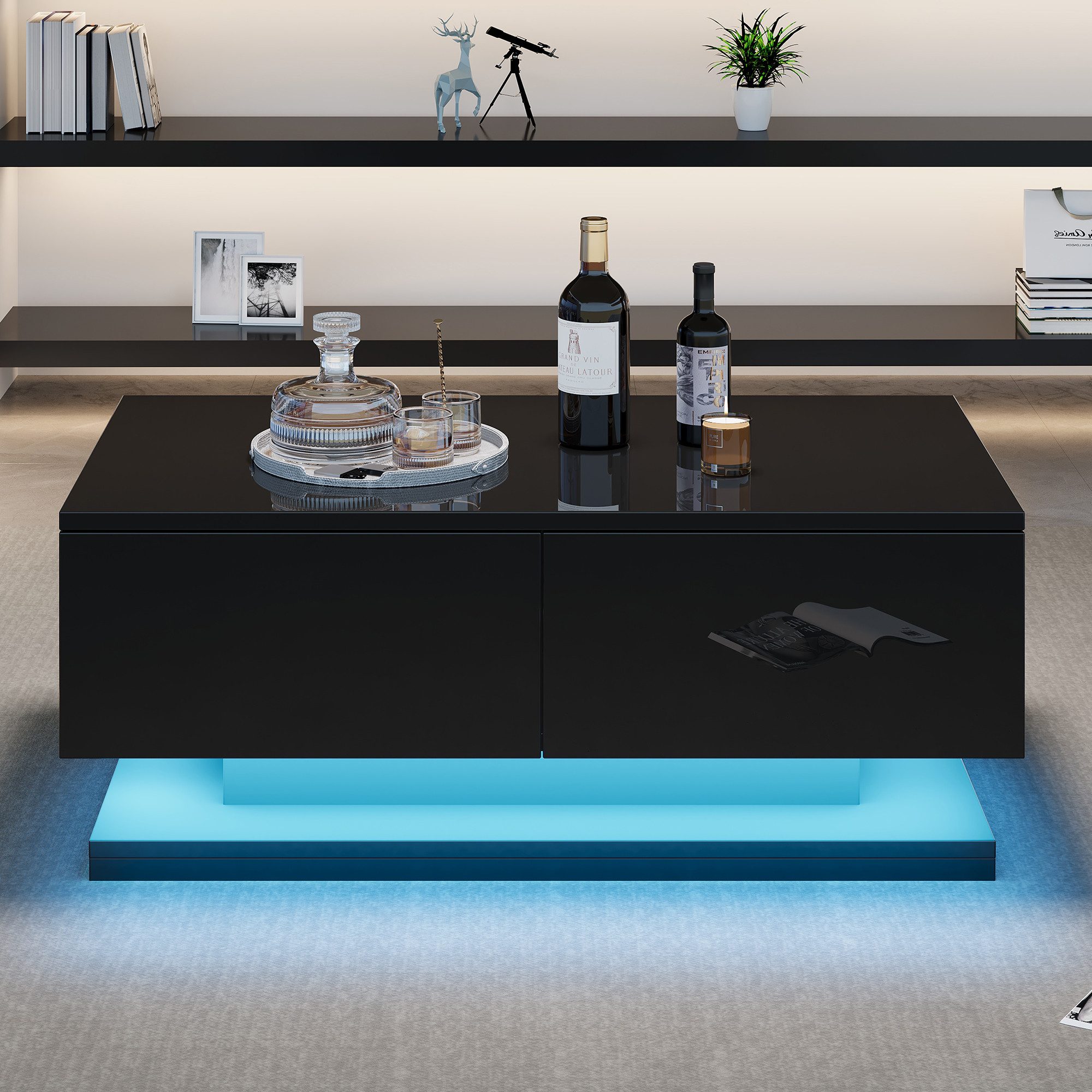 Merax Couchtisch hochglanz Beistelltisch mit LED-Beleuchtung inkl.App (1-St), Beistelltisch Wohnzimmertisch mit 2 Schubladen, Sofatisch 90x50x38cm