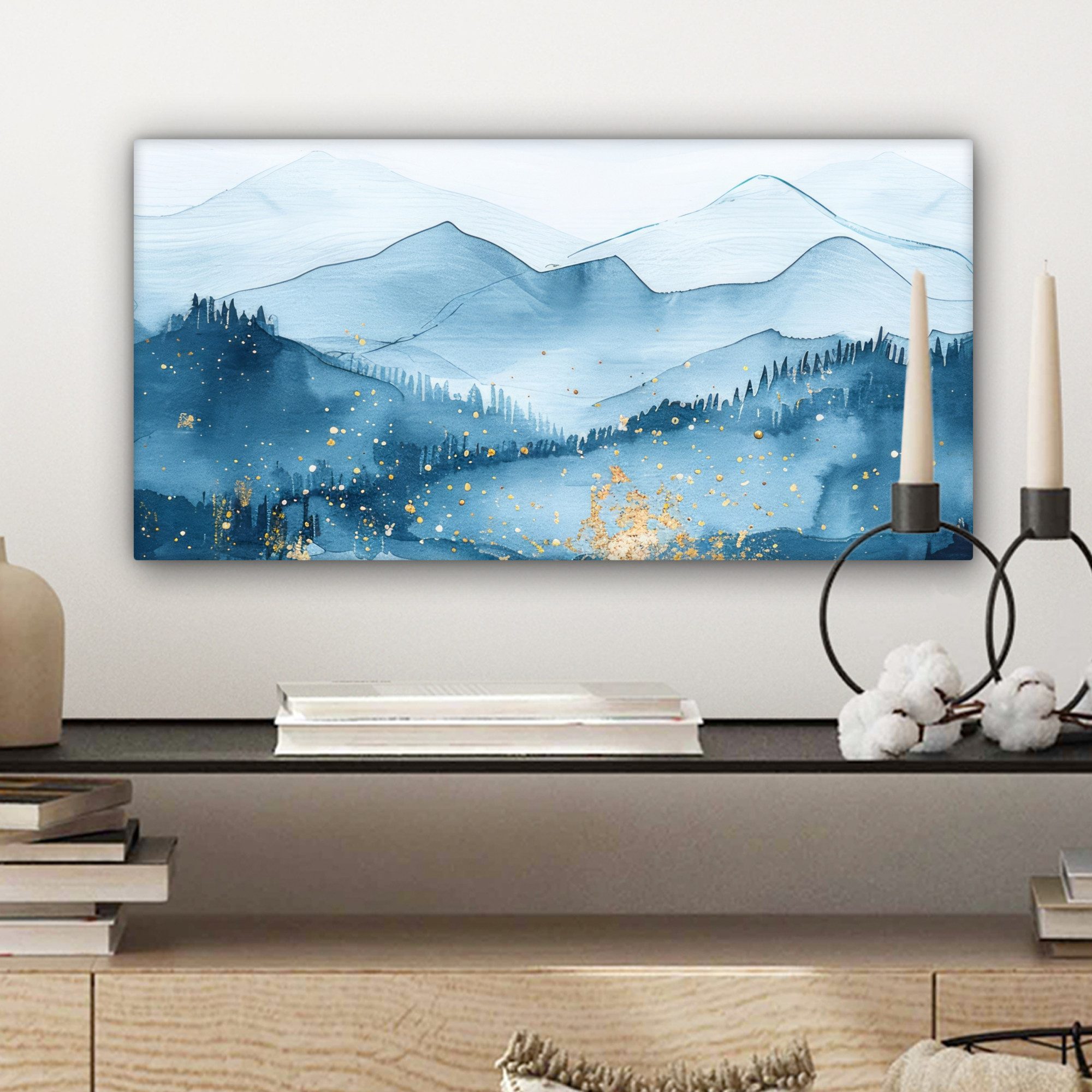 OneMillionCanvasses® Leinwandbild Panorama Landschaft - Blau - Modern - Gold - Abstrakt, Fotodruck (1 St), Wandbild, Deko Schlafzimmer Wohnzimmer Flur 40x20 cm