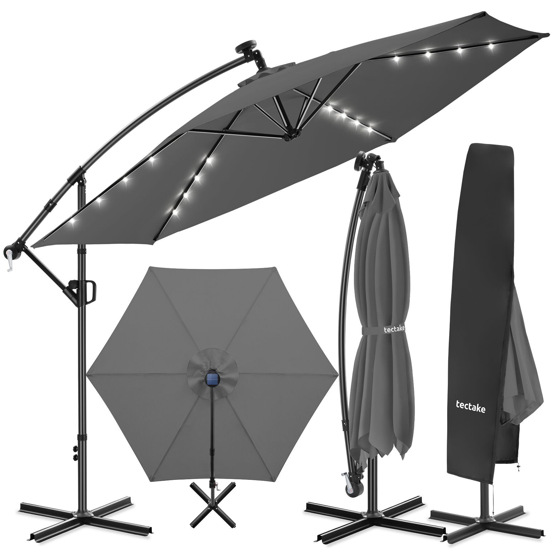 tectake Ampelschirm Sonnenschirm mit Doppeldach und LED Solar-Beleuchtung, 3,5 x 3,5 m, Balkonschirm Artemis, für Außen in Grau, 360° drehbar, wasserabweisend, neigbar, Kurbel, inkl. Schutzhülle